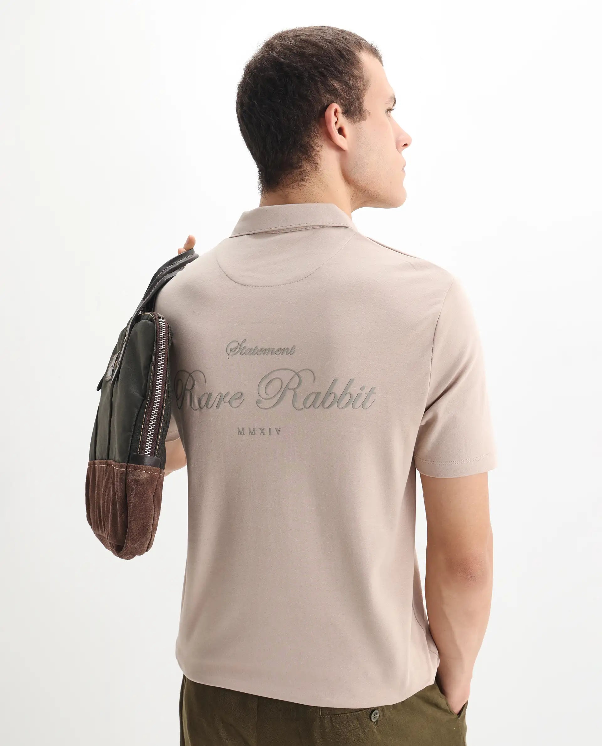 Rare Rabbit Men's Kace Beige Cotton Plain Oversized Fit Half Sleeve Polo