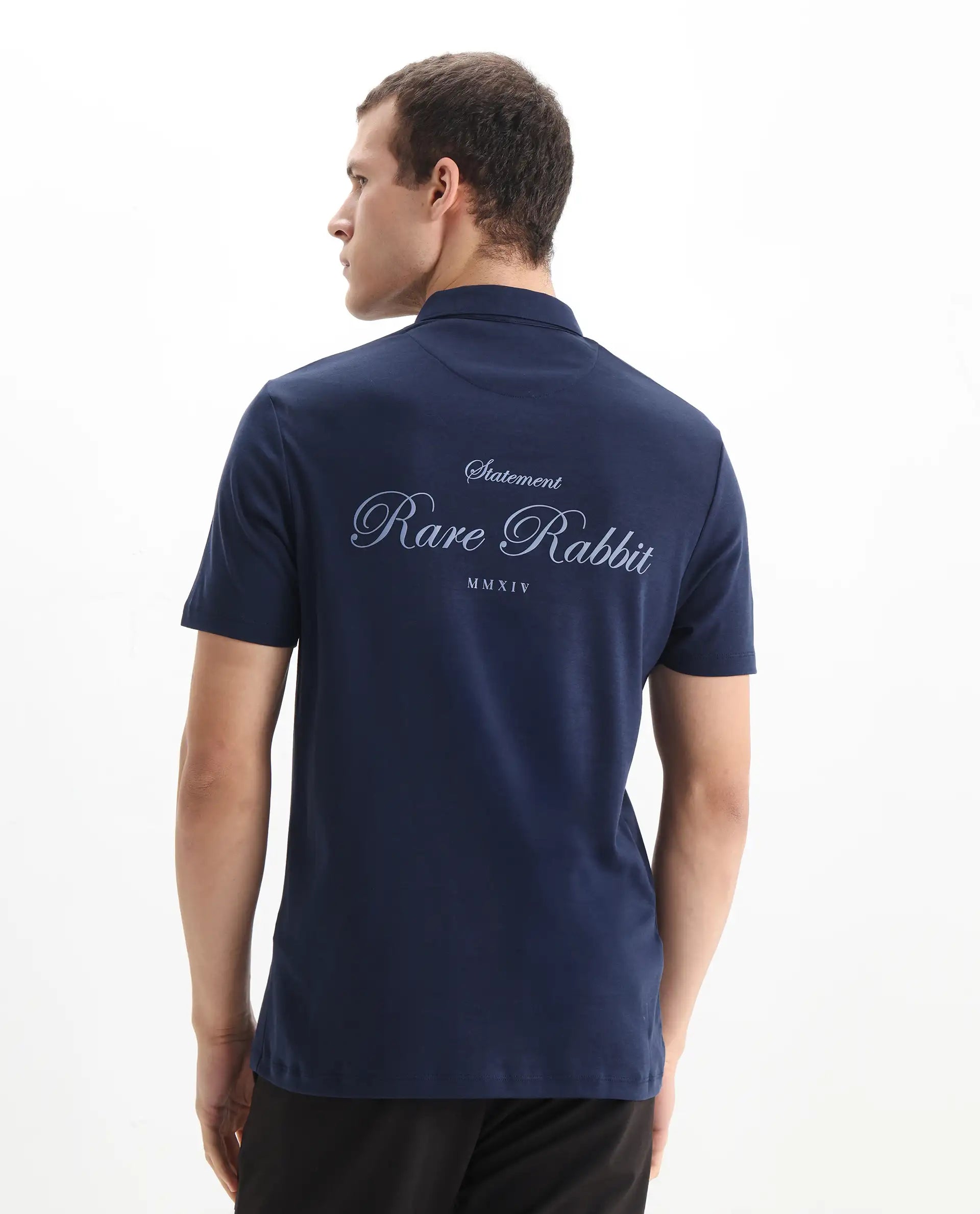 Rare Rabbit Men's Kace Dark Navy Cotton Plain Oversized Fit Half Sleeve Polo