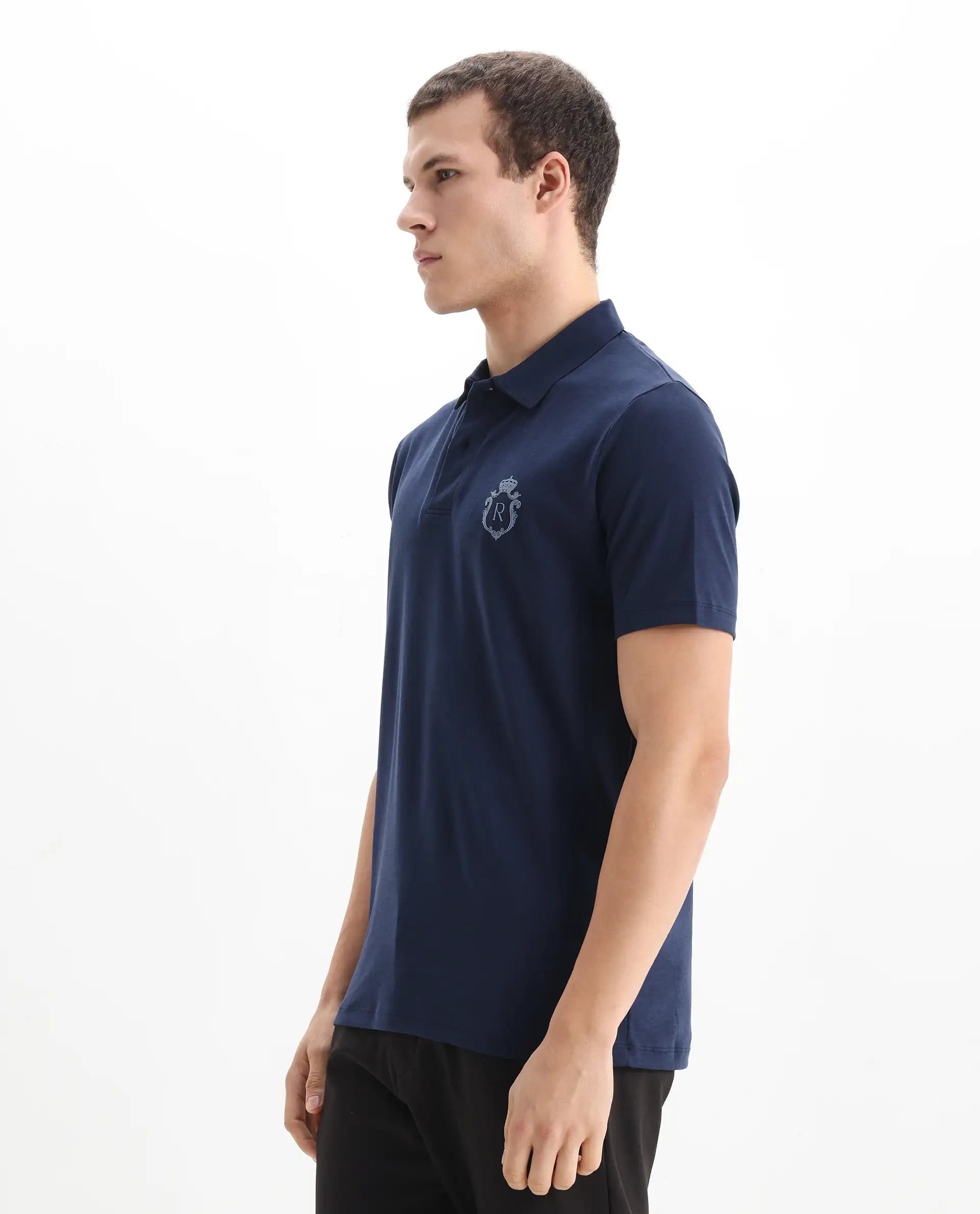 Rare Rabbit Men's Kace Dark Navy Cotton Plain Oversized Fit Half Sleeve Polo