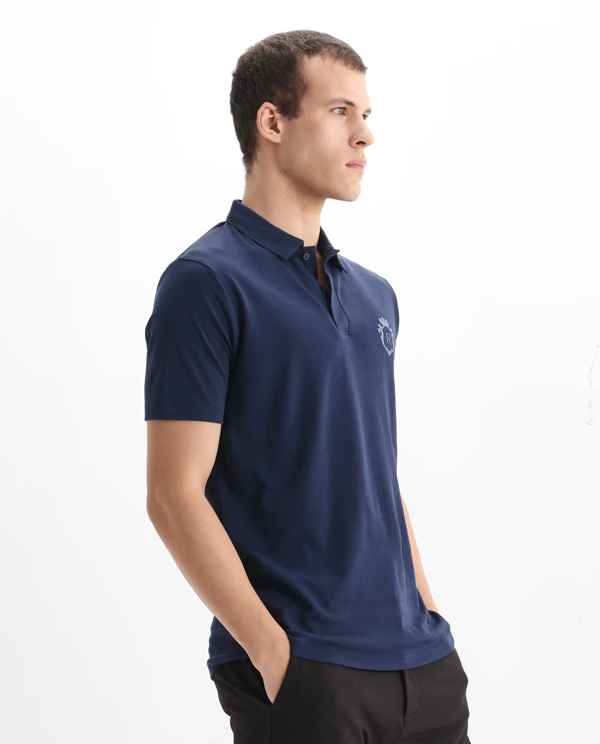 Rare Rabbit Men's Kace Dark Navy Cotton Plain Oversized Fit Half Sleeve Polo