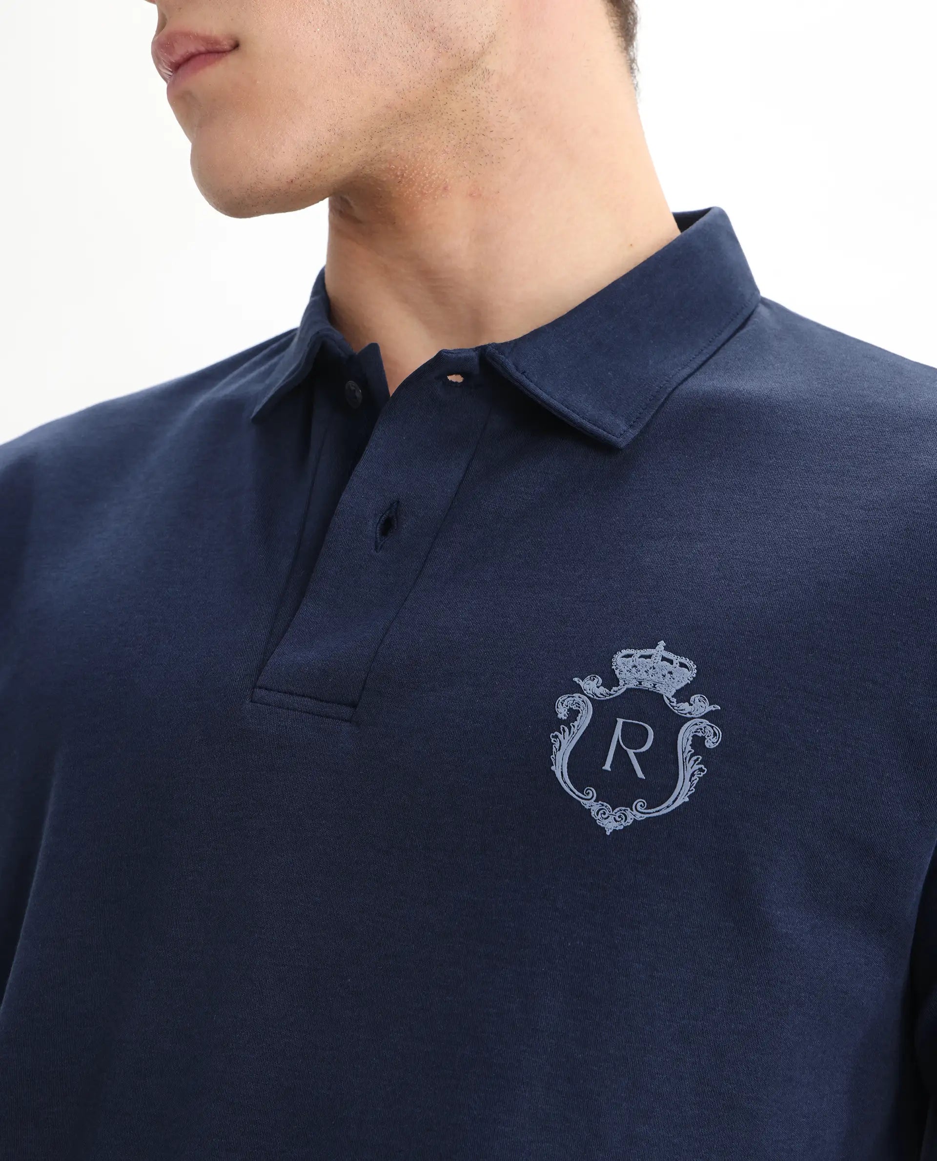 Rare Rabbit Men's Kace Dark Navy Cotton Plain Oversized Fit Half Sleeve Polo