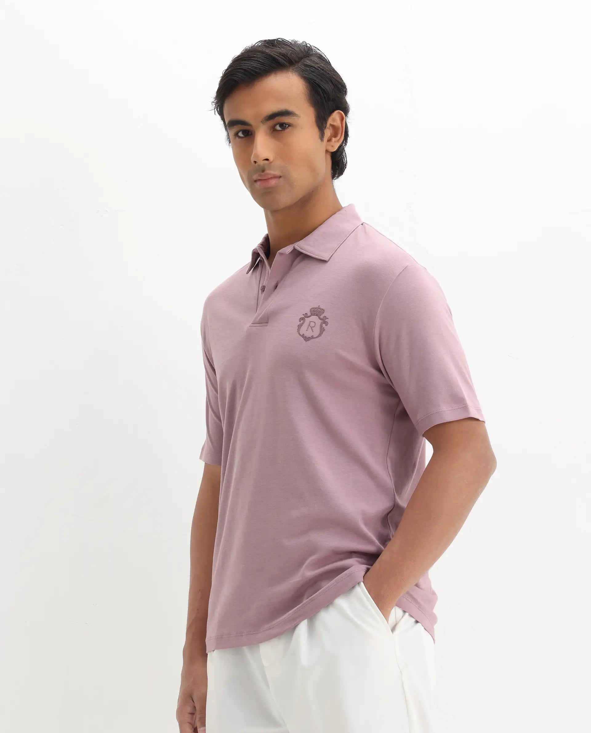Rare Rabbit Men's Kace - Dusky Pink Cotton Plain Oversized Fit Half Sleeve Polo