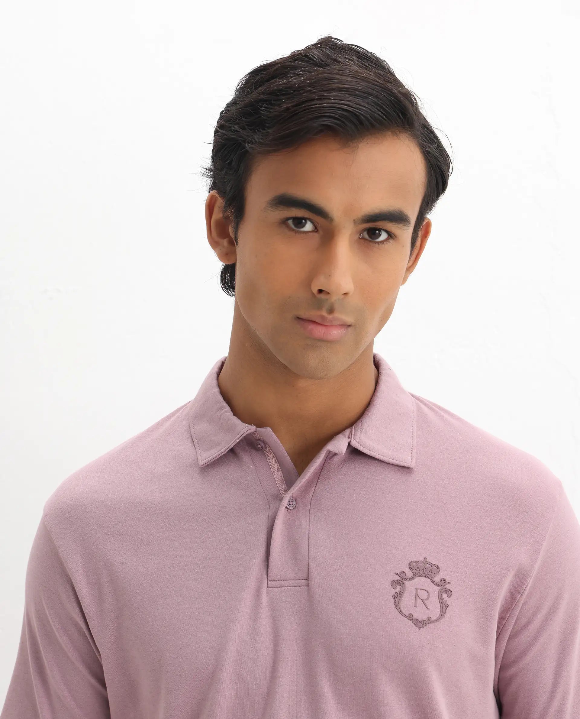 Rare Rabbit Men's Kace - Dusky Pink Cotton Plain Oversized Fit Half Sleeve Polo