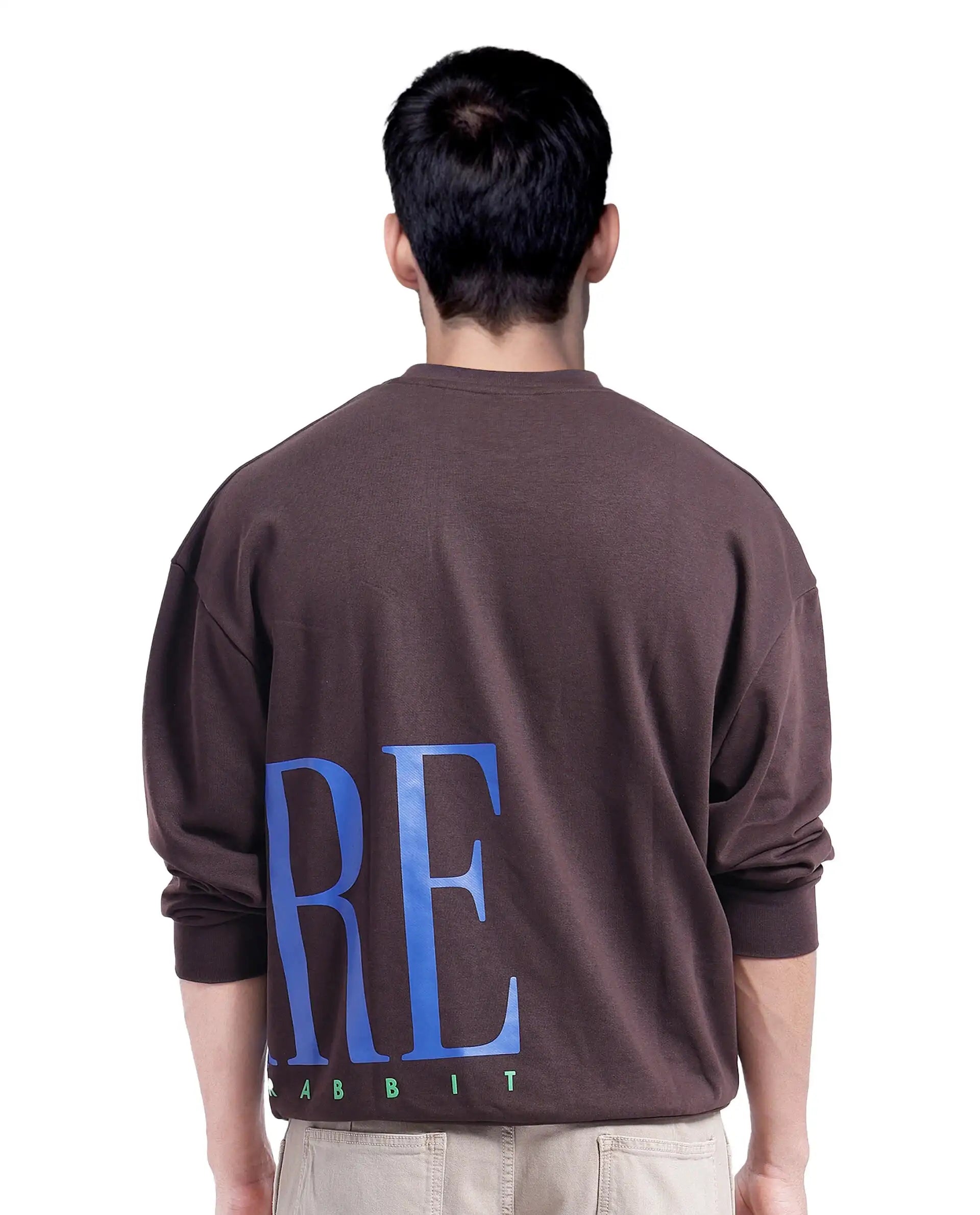 Rare Rabbit Men's Kacey Dark BrownCotton Blend Fabric Full Sleeve Crew Neck Boxy Fit Flock Print Logo and Placement Print Sweatshirt