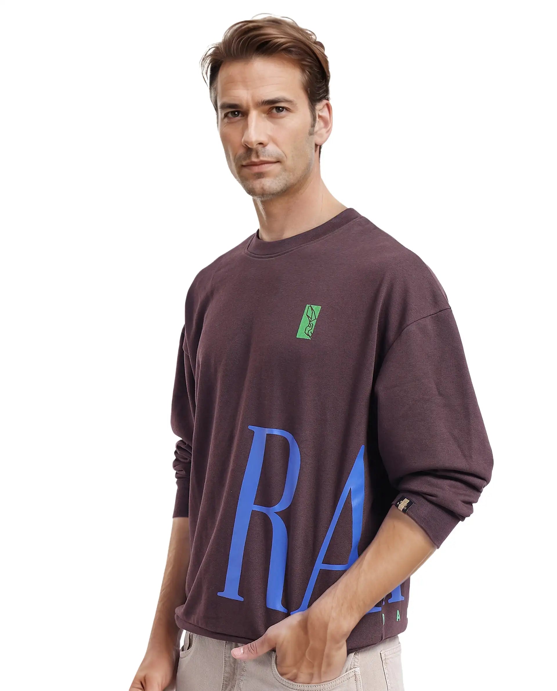 Rare Rabbit Men's Kacey Dark BrownCotton Blend Fabric Full Sleeve Crew Neck Boxy Fit Flock Print Logo and Placement Print Sweatshirt