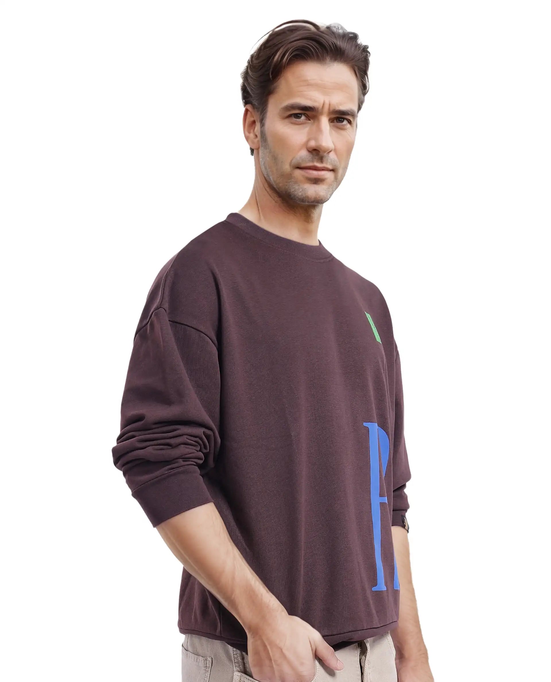 Rare Rabbit Men's Kacey Dark BrownCotton Blend Fabric Full Sleeve Crew Neck Boxy Fit Flock Print Logo and Placement Print Sweatshirt