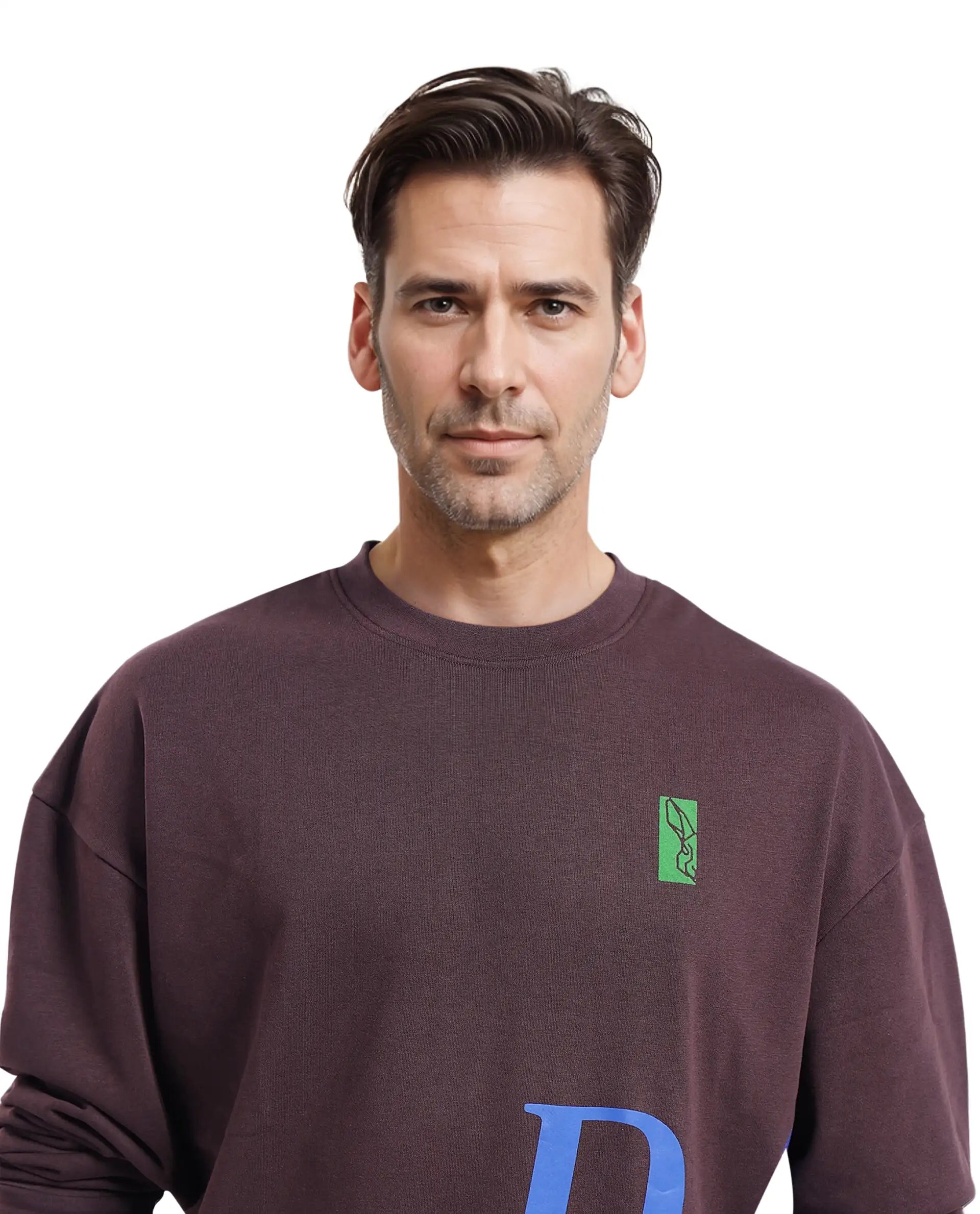 Rare Rabbit Men's Kacey Dark BrownCotton Blend Fabric Full Sleeve Crew Neck Boxy Fit Flock Print Logo and Placement Print Sweatshirt