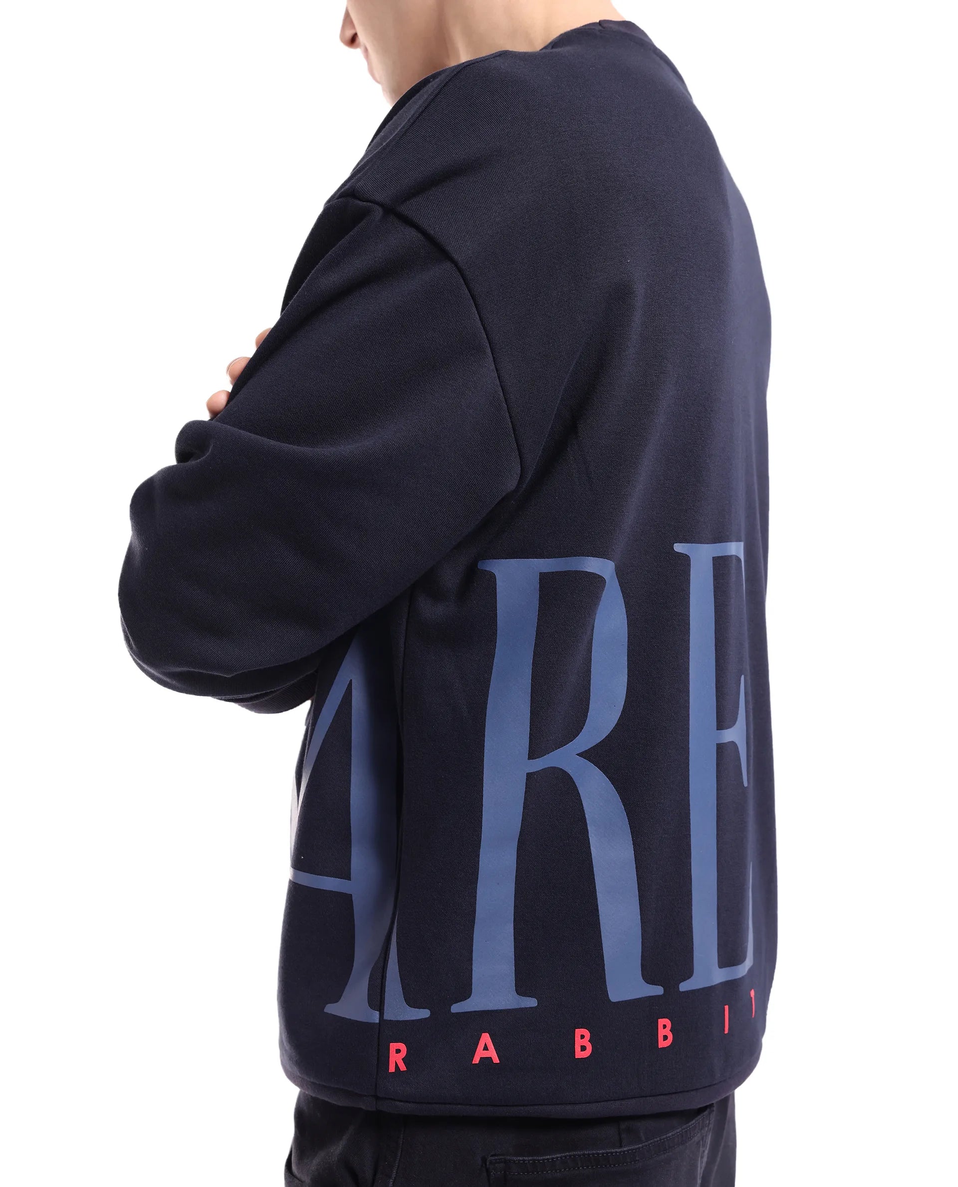 Rare Rabbit Men's Kacey Navy Cotton Blend Fabric Full Sleeve Crew Neck Boxy Fit Flock Print Logo and Placement Print Sweatshirt