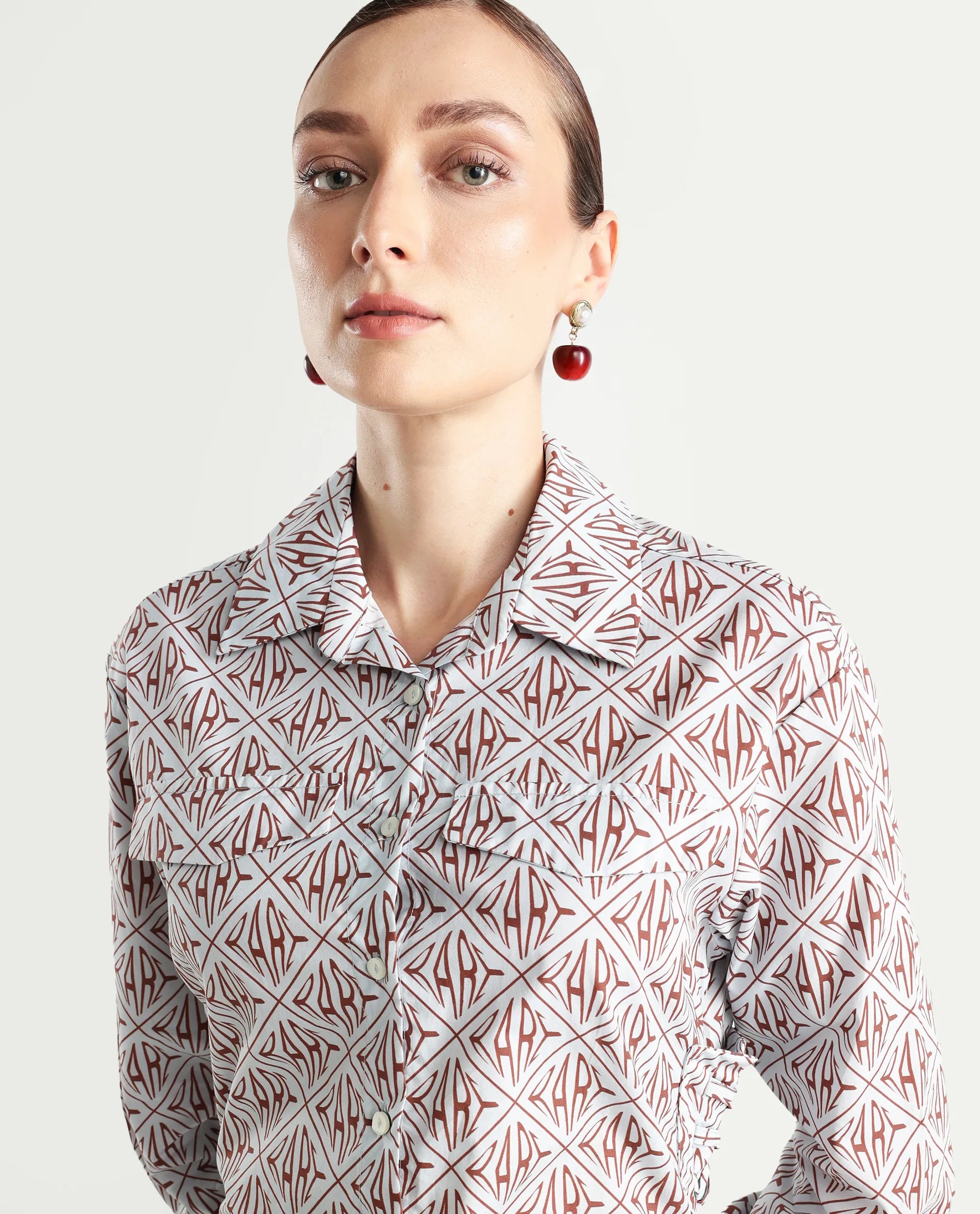 Rareism Women's Kacie Blue Cotton Drop Collar Monogram Print Cuffed Sleeve Mini Regular Fit Dress