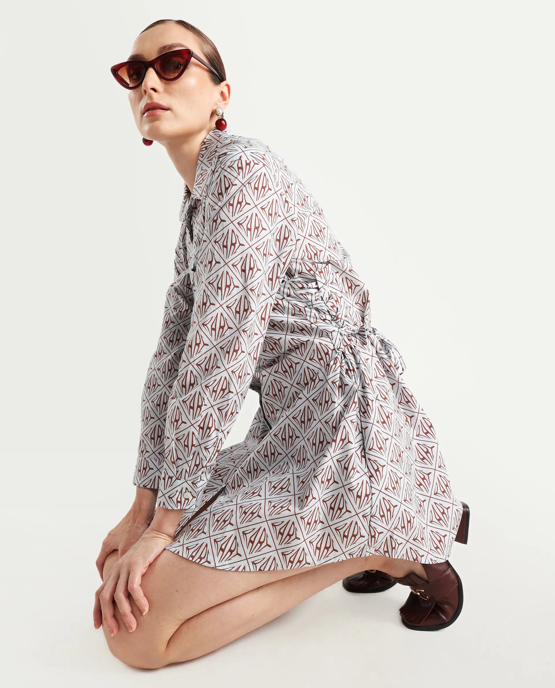 Rareism Women's Kacie Blue Cotton Drop Collar Monogram Print Cuffed Sleeve Mini Regular Fit Dress