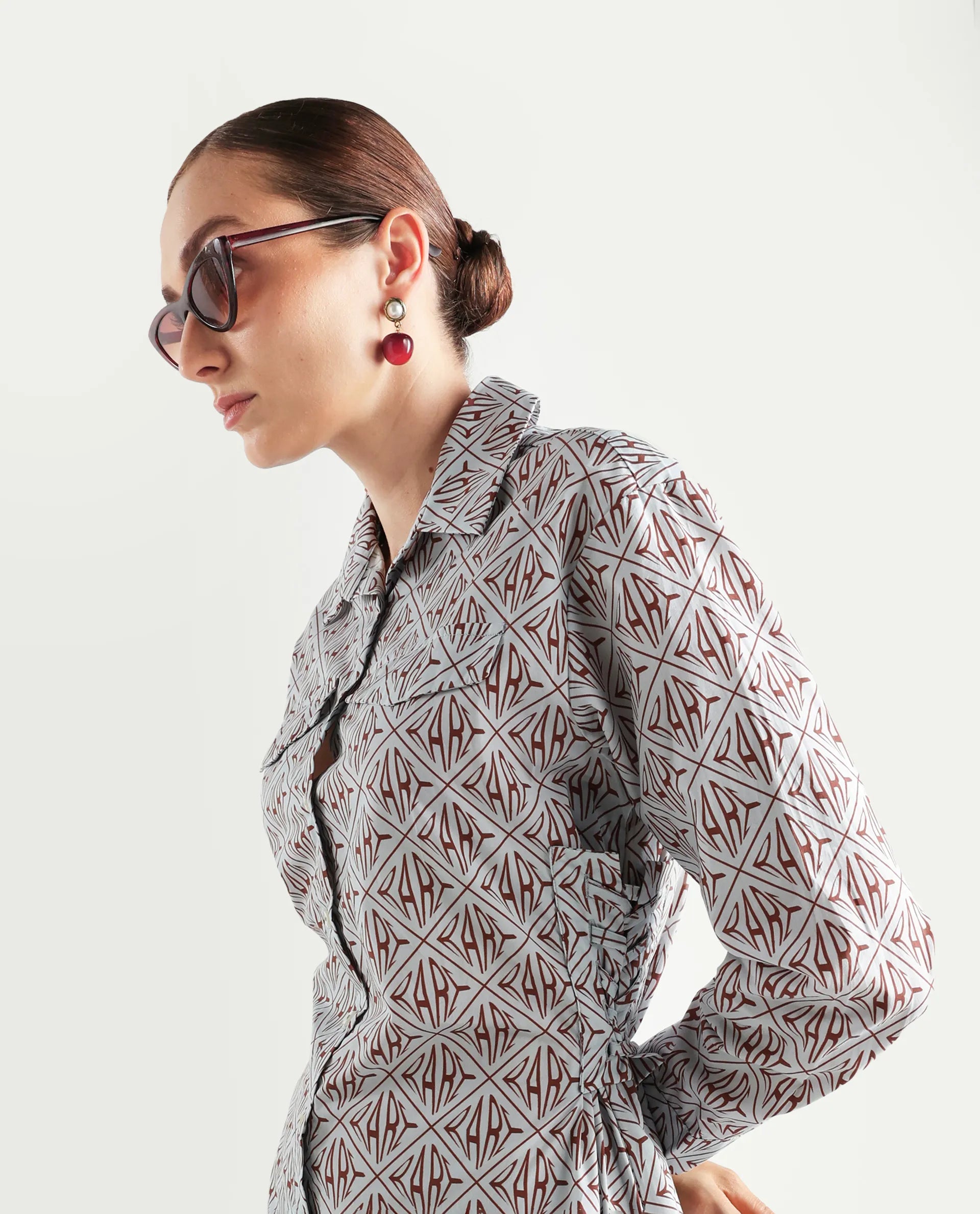 Rareism Women's Kacie Blue Cotton Drop Collar Monogram Print Cuffed Sleeve Mini Regular Fit Dress