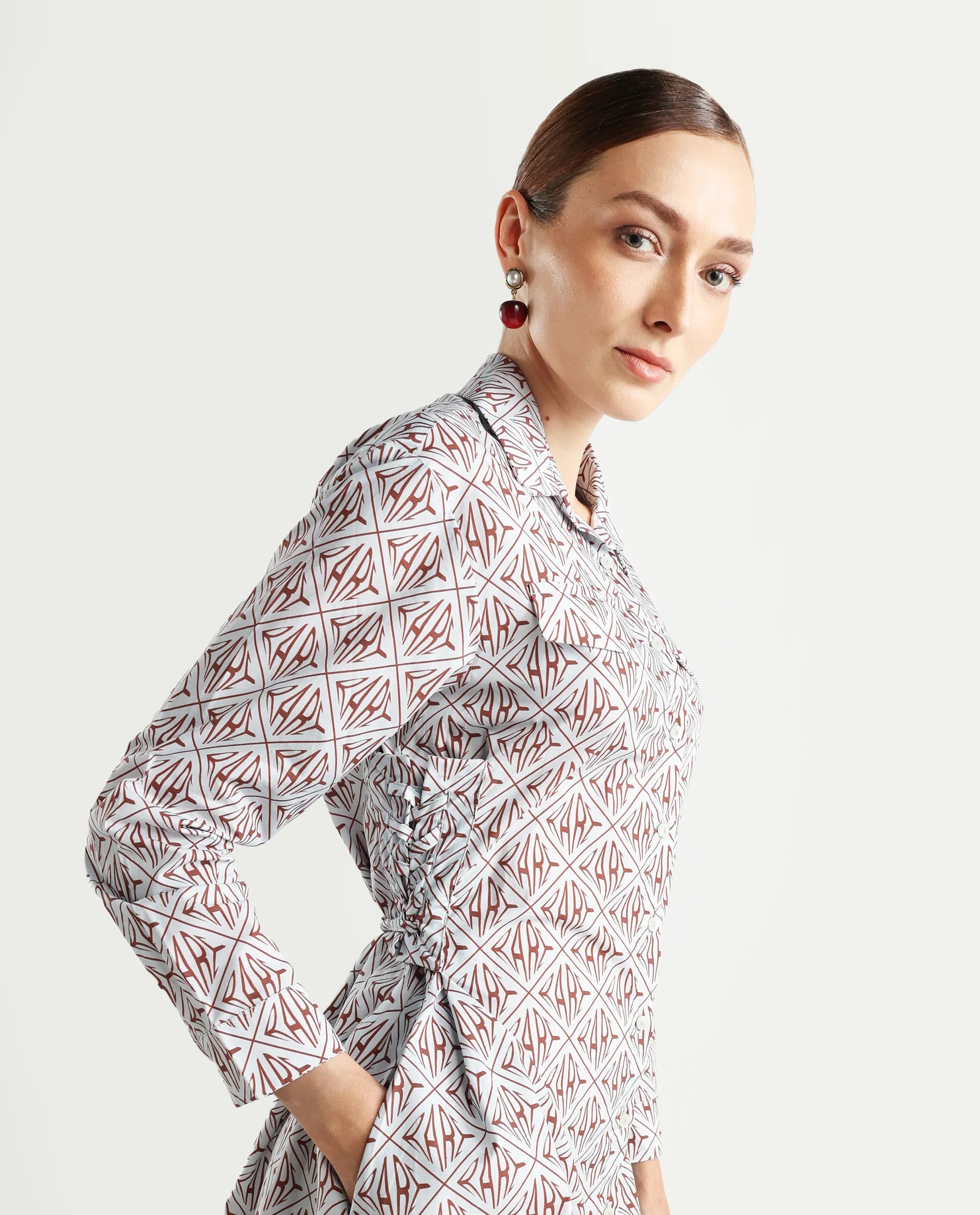 Rareism Women's Kacie Blue Cotton Drop Collar Monogram Print Cuffed Sleeve Mini Regular Fit Dress