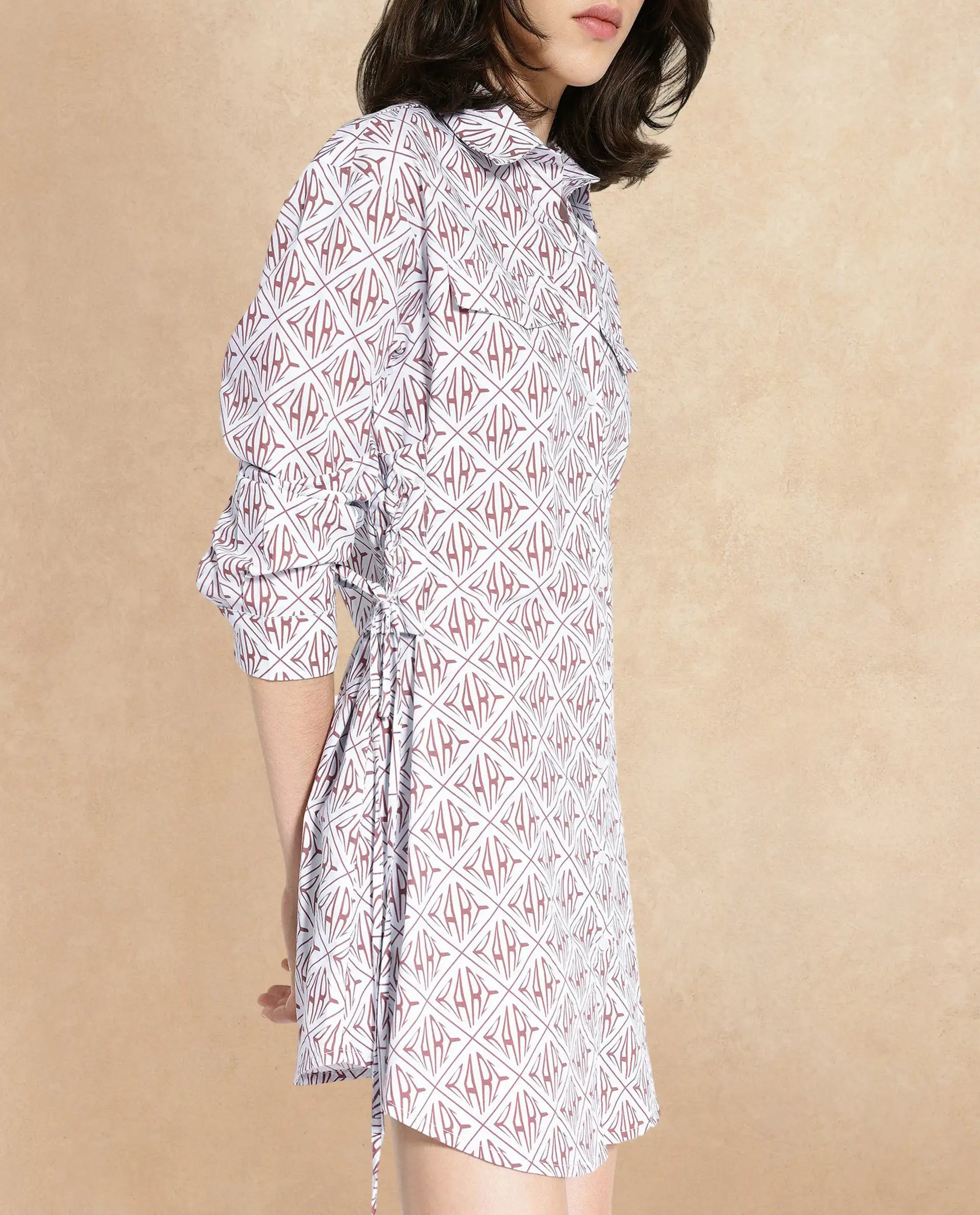 Rareism Women Kacie Blue Cuffed Sleeve Collared Neck Button Closure A-Line Mini Monogram Print Dress