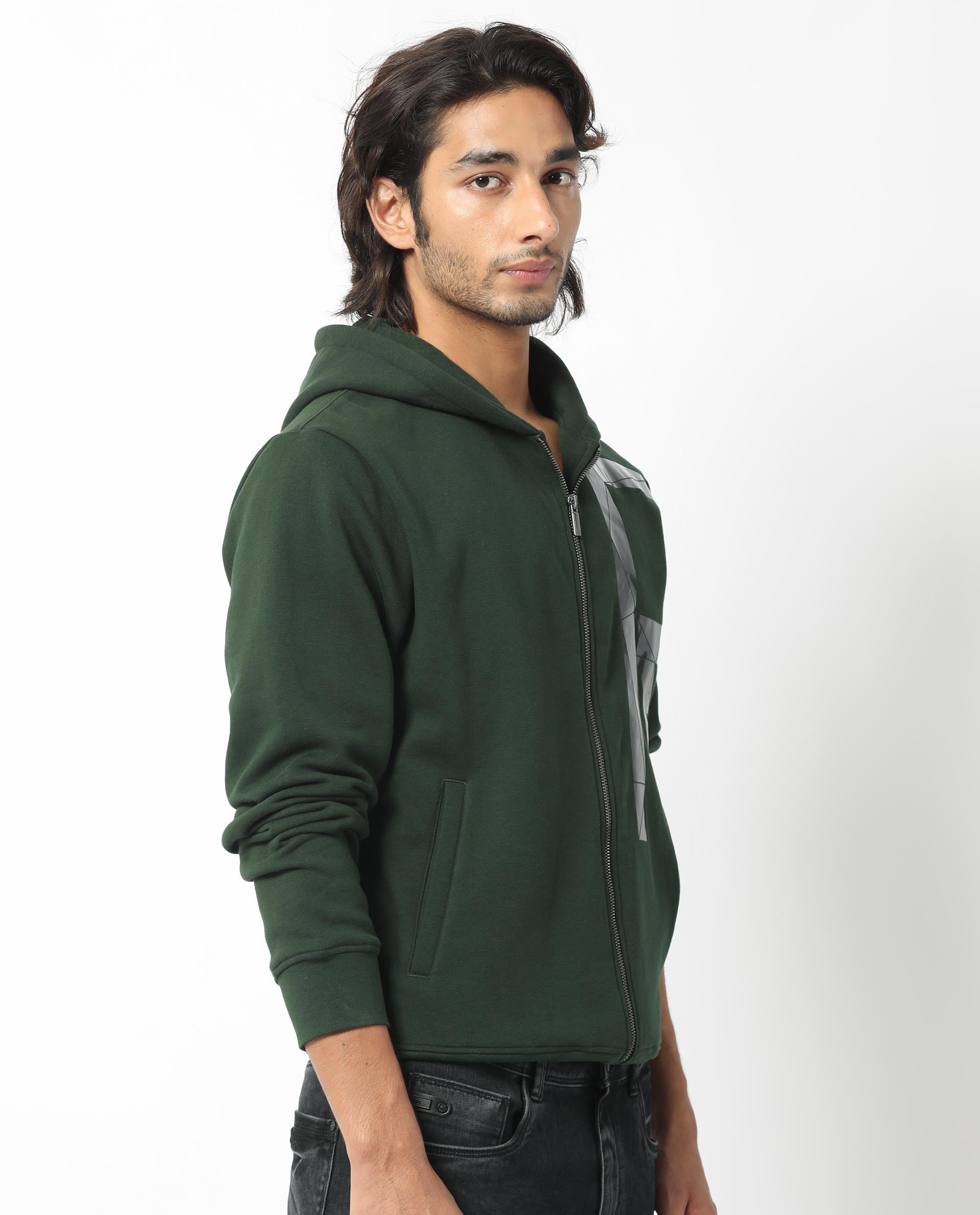 Rare Rabbit Men's Kaden Green Cotton Polyester Fabric Full Sleeves Placement Foil Print Hooded Sweatshirt