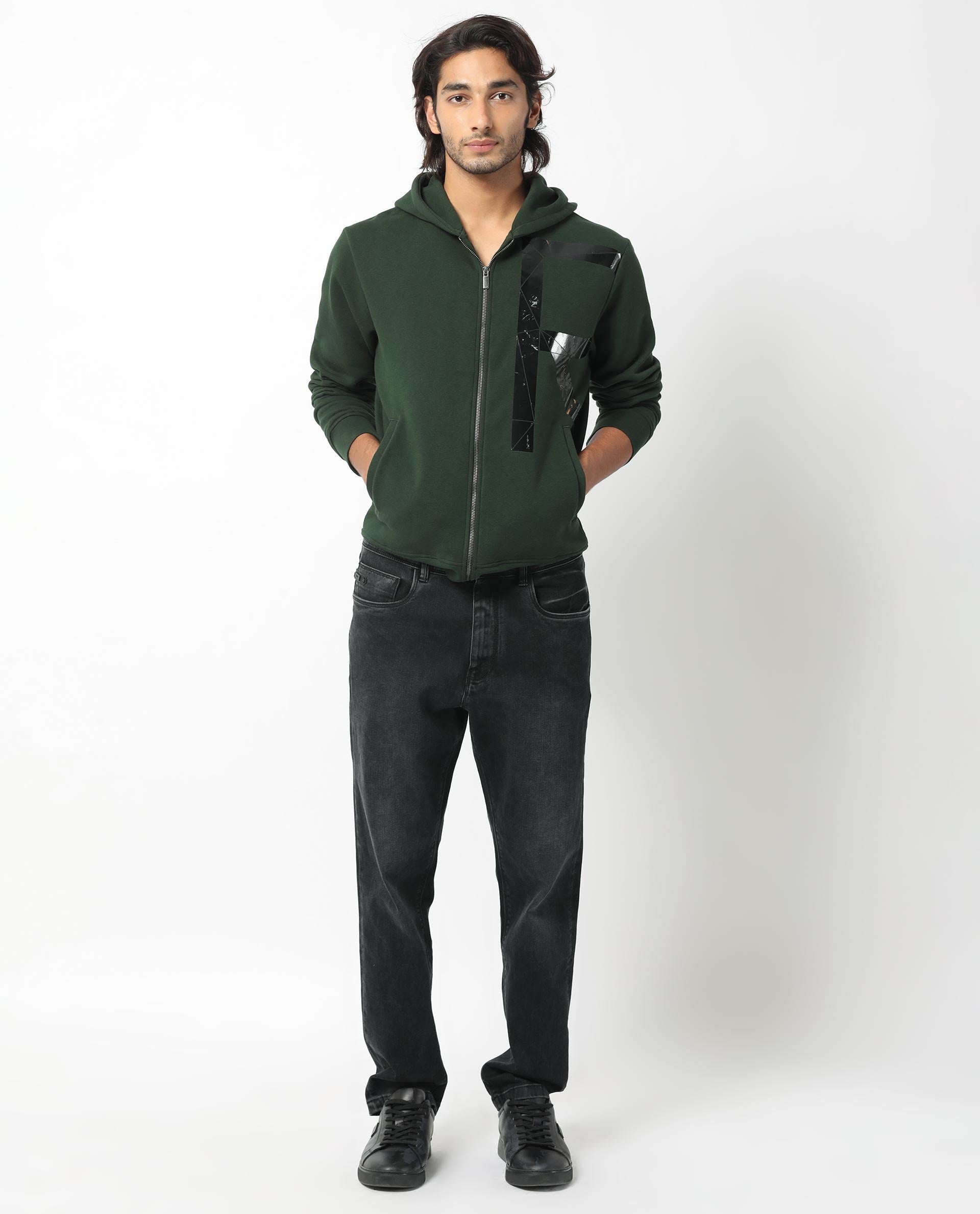 Rare Rabbit Men's Kaden Green Cotton Polyester Fabric Full Sleeves Placement Foil Print Hooded Sweatshirt