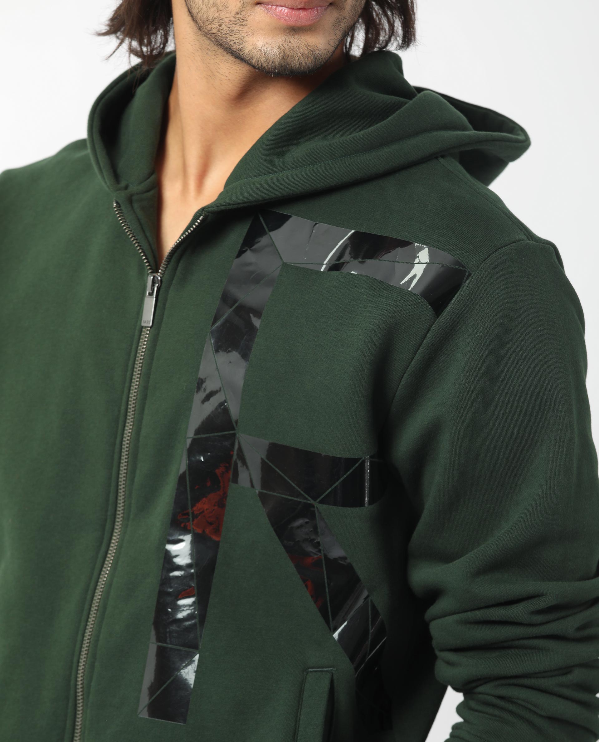 Rare Rabbit Men's Kaden Green Cotton Polyester Fabric Full Sleeves Placement Foil Print Hooded Sweatshirt