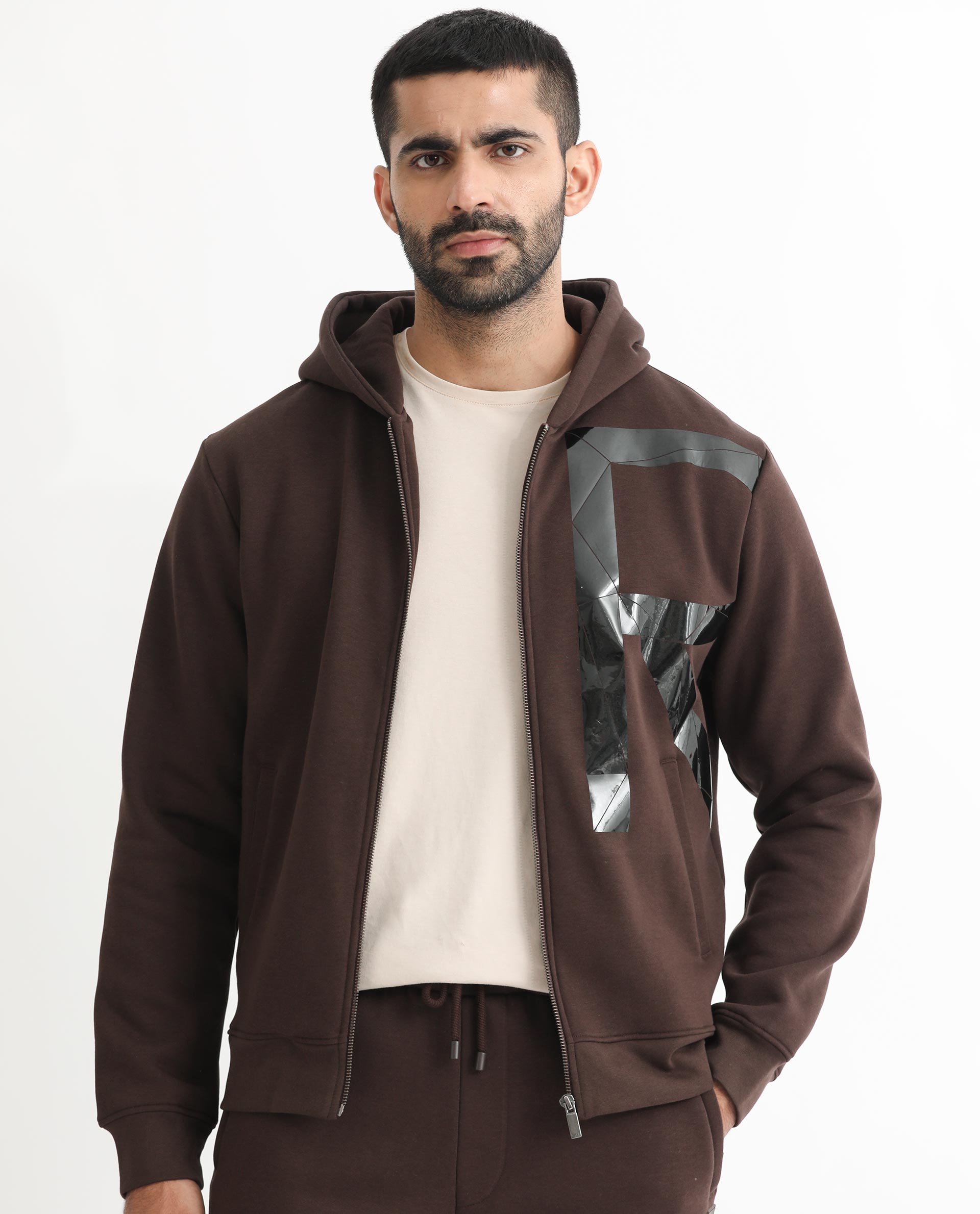 Rare Rabbit Men's Kaden Maroon Cotton Polyester Fabric Full Sleeves Placement Foil Print Hooded Sweatshirt