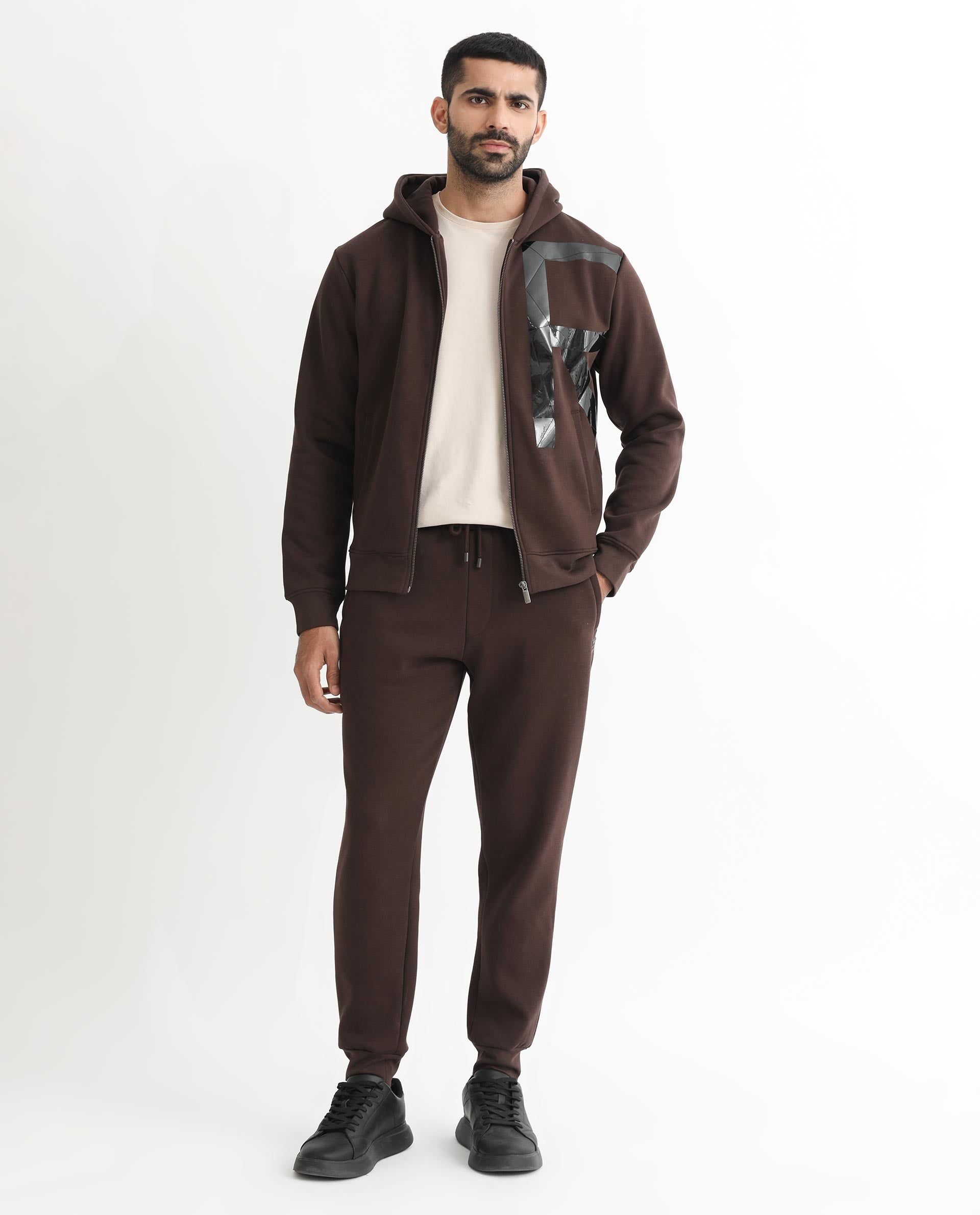 Rare Rabbit Men's Kaden Maroon Cotton Polyester Fabric Full Sleeves Placement Foil Print Hooded Sweatshirt