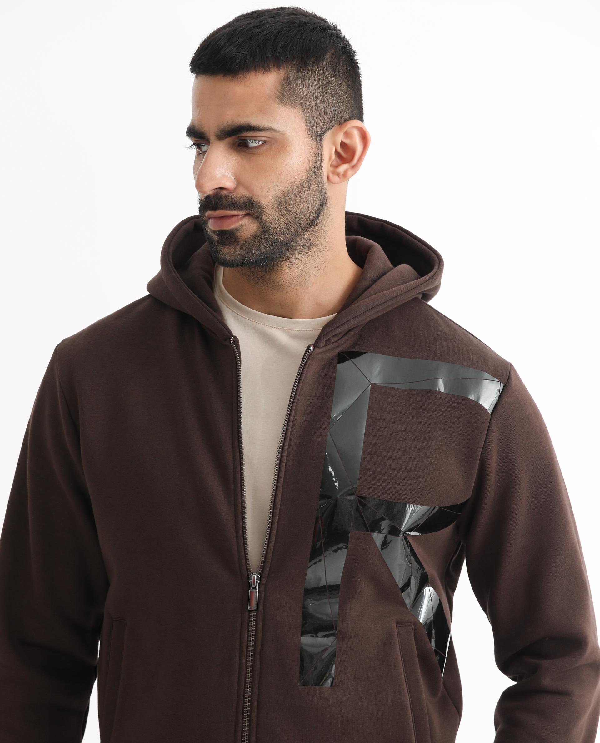 Rare Rabbit Men's Kaden Maroon Cotton Polyester Fabric Full Sleeves Placement Foil Print Hooded Sweatshirt