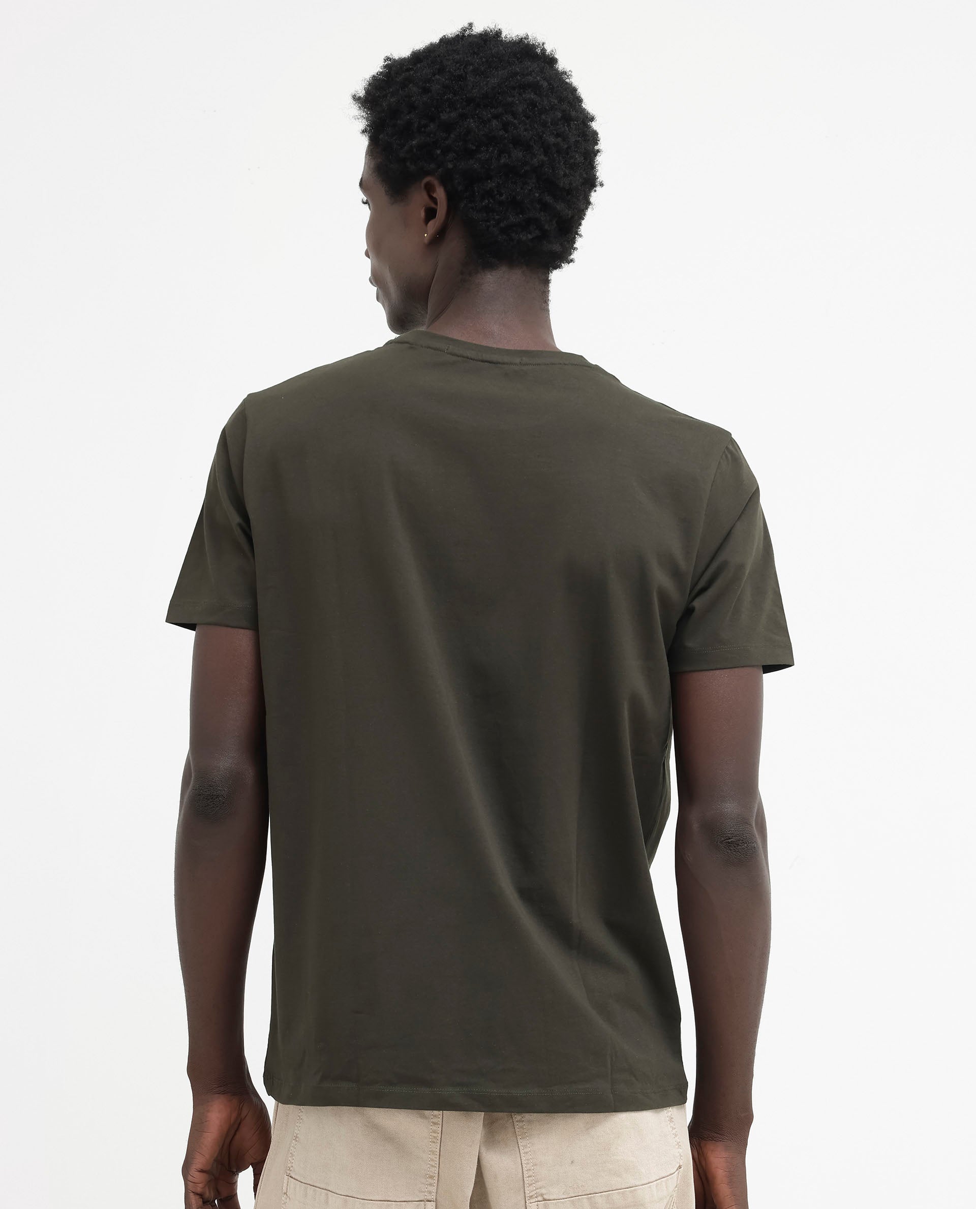 Rare Rabbit Men's Kael Olive Cotton Lycra Half Sleeves Graphic Print T-Shirt