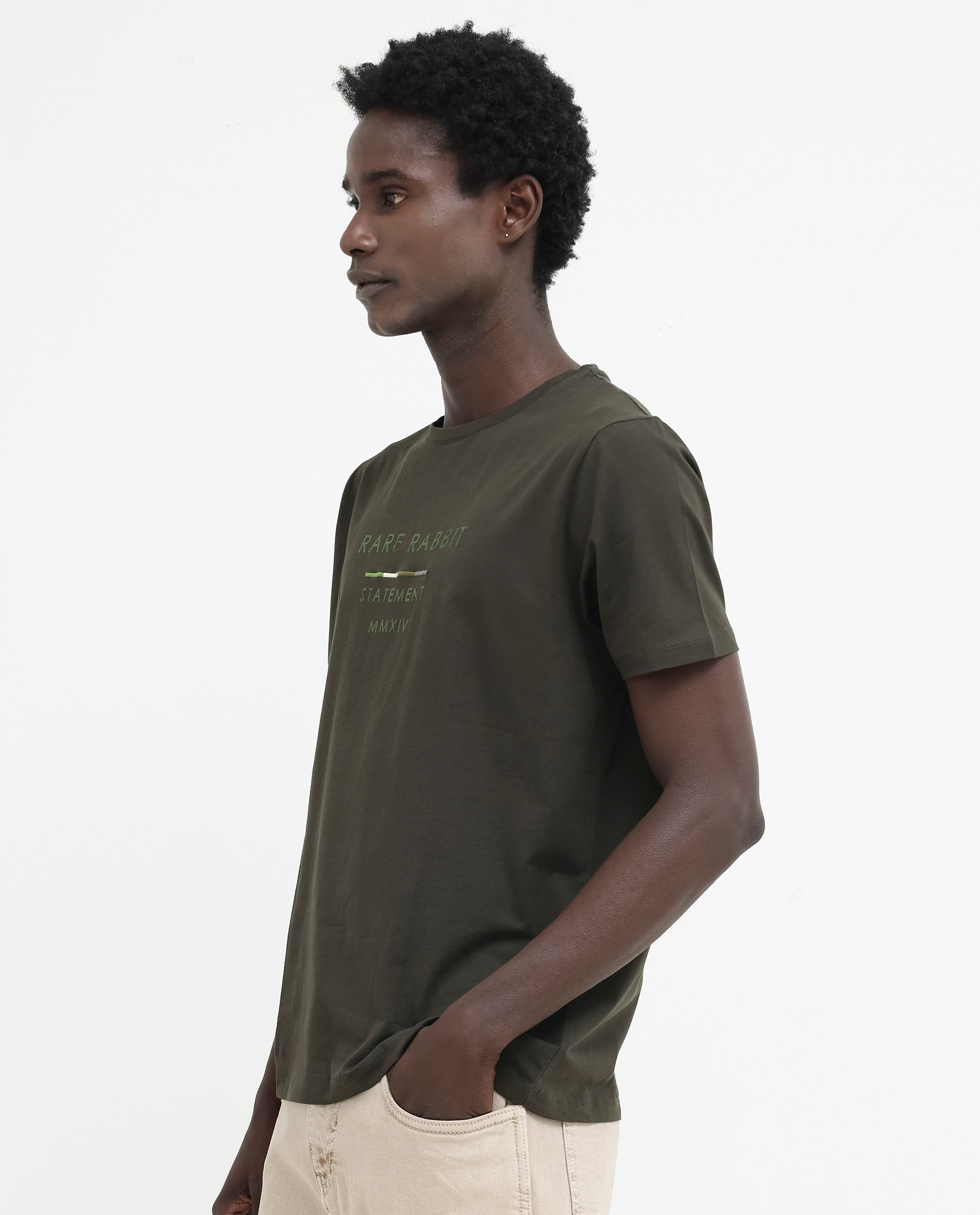 Rare Rabbit Men's Kael Olive Cotton Lycra Half Sleeves Graphic Print T-Shirt