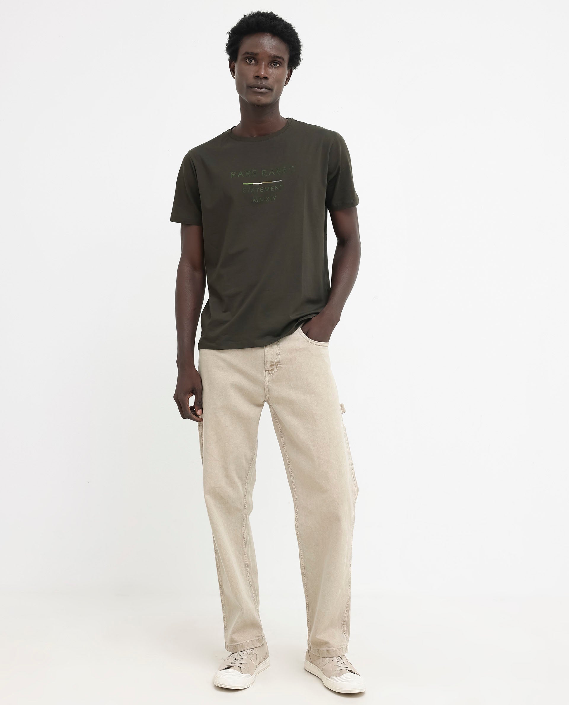 Rare Rabbit Men's Kael Olive Cotton Lycra Half Sleeves Graphic Print T-Shirt