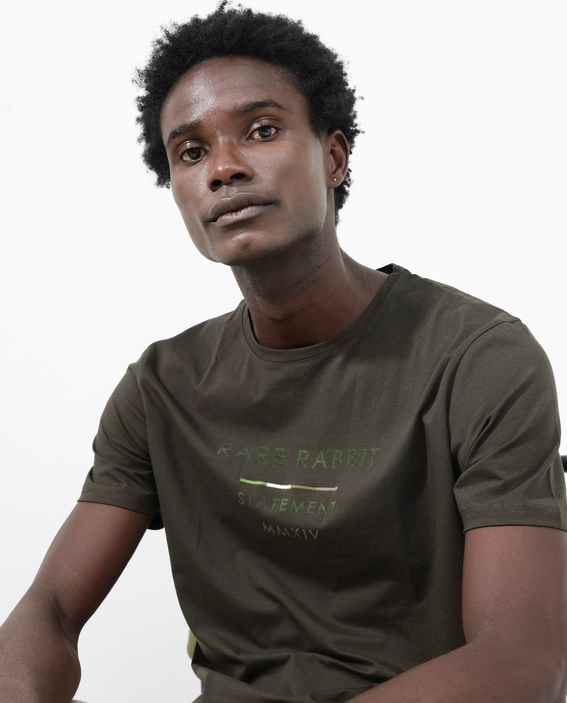 Rare Rabbit Men's Kael Olive Cotton Lycra Half Sleeves Graphic Print T-Shirt