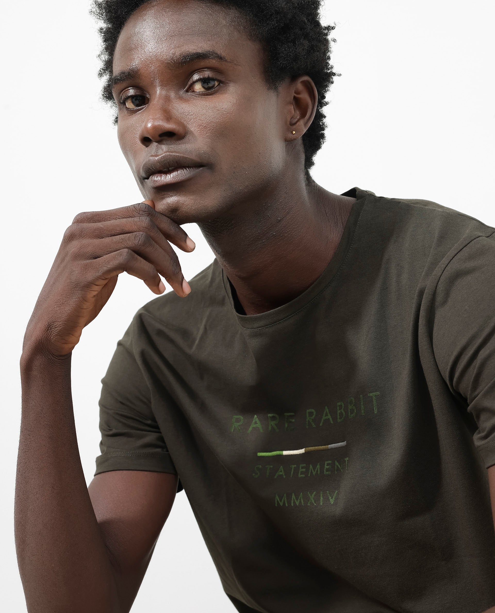 Rare Rabbit Men's Kael Olive Cotton Lycra Half Sleeves Graphic Print T-Shirt