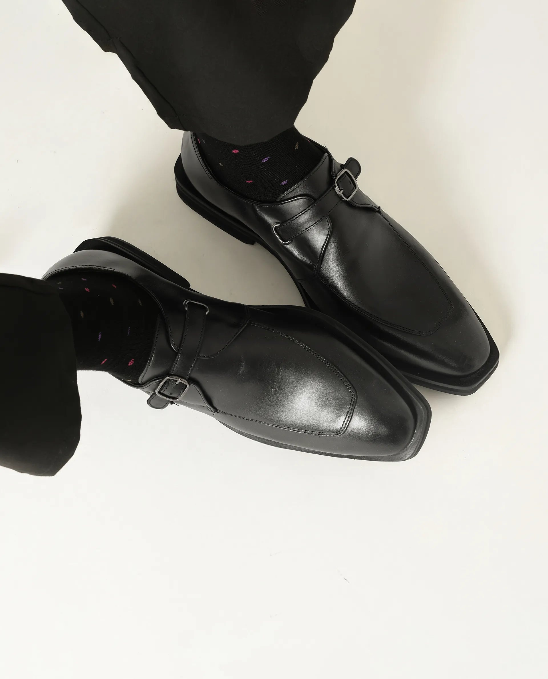 Rare Rabbit Men Kai Black Genuine Leather Buckle Strap Slip-On Loafers