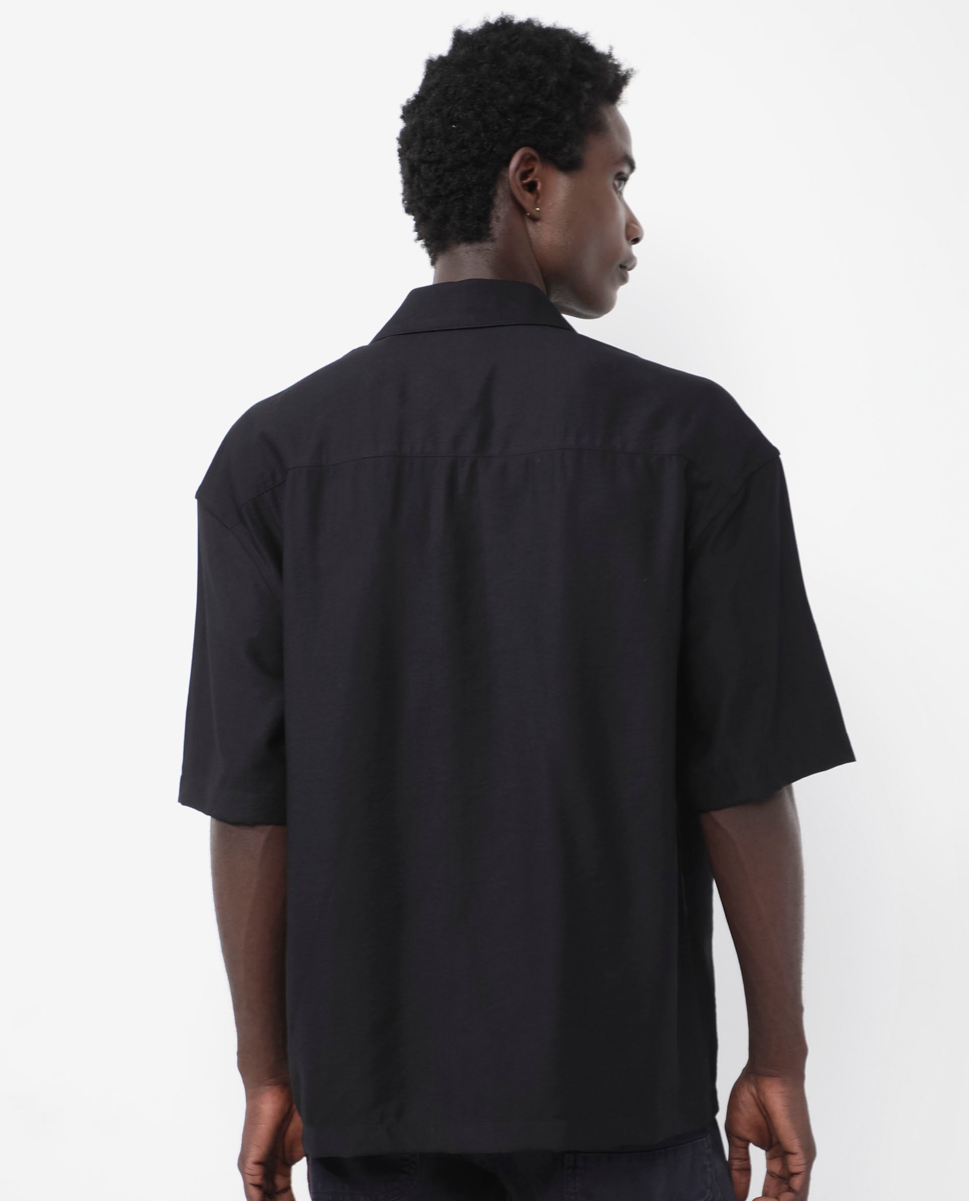 Rare Rabbit Articale Men's Kai Black Viscose Nylon Fabric Short Sleeve Zip Closure Boxy Fit Solid Shirt