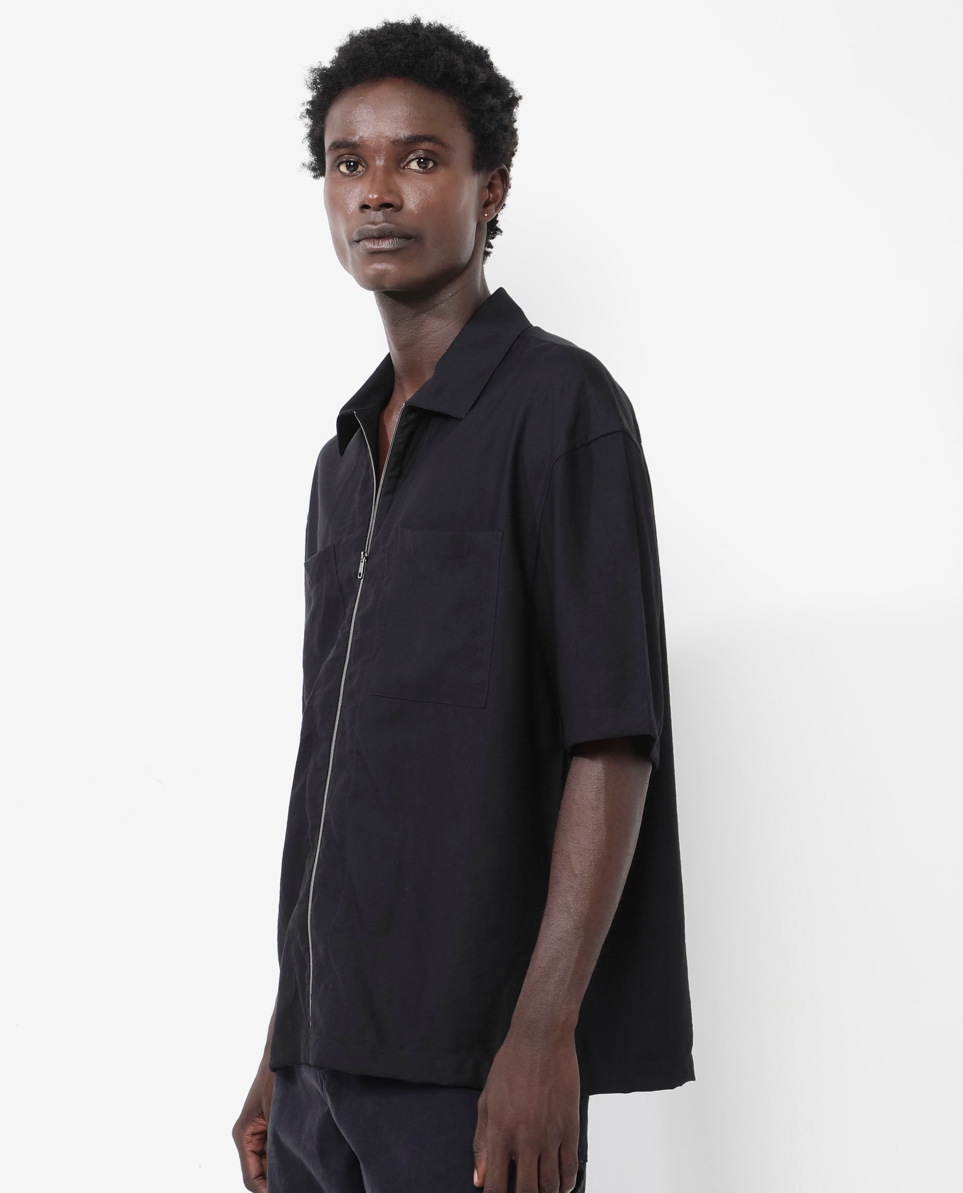 Rare Rabbit Articale Men's Kai Black Viscose Nylon Fabric Short Sleeve Zip Closure Boxy Fit Solid Shirt