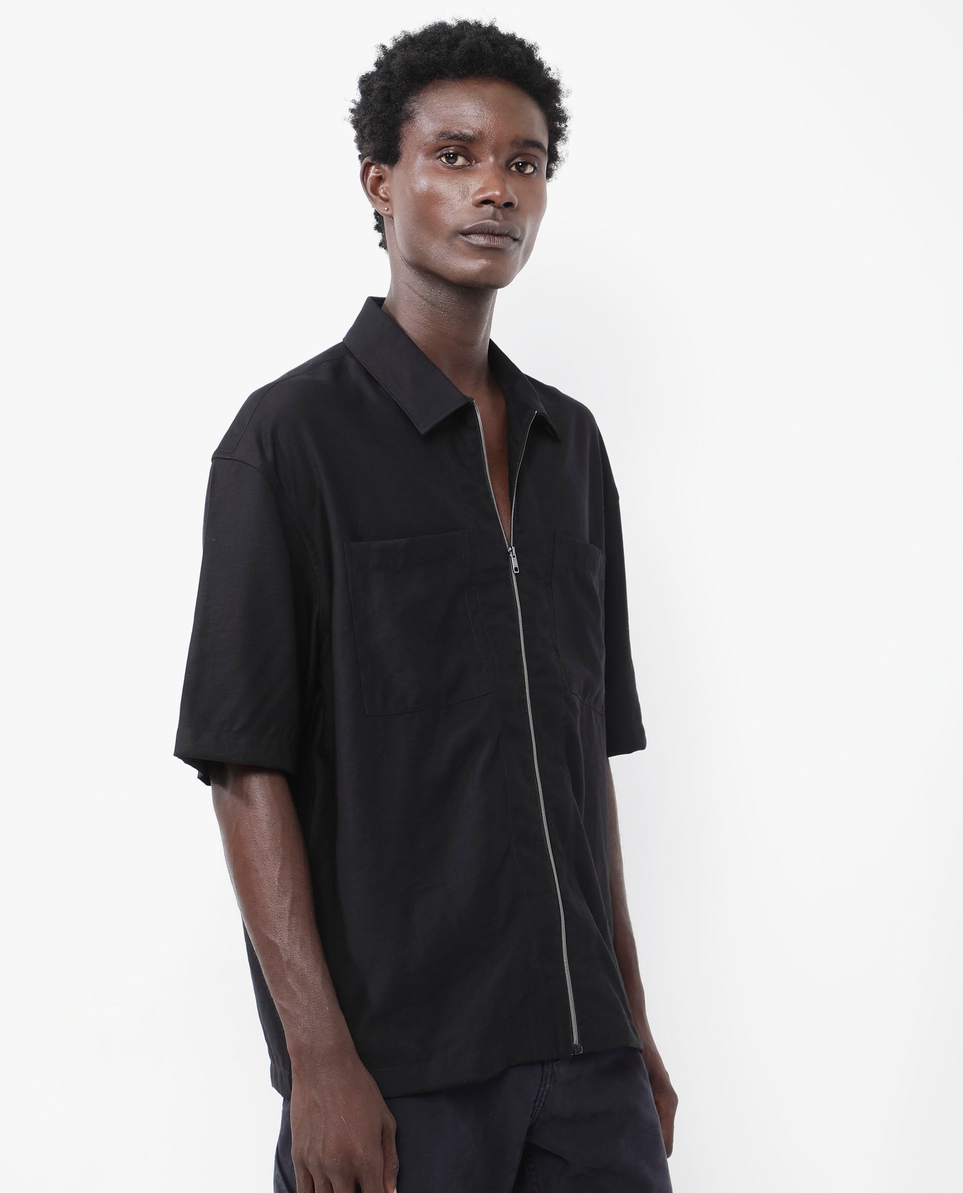 Rare Rabbit Articale Men's Kai Black Viscose Nylon Fabric Short Sleeve Zip Closure Boxy Fit Solid Shirt