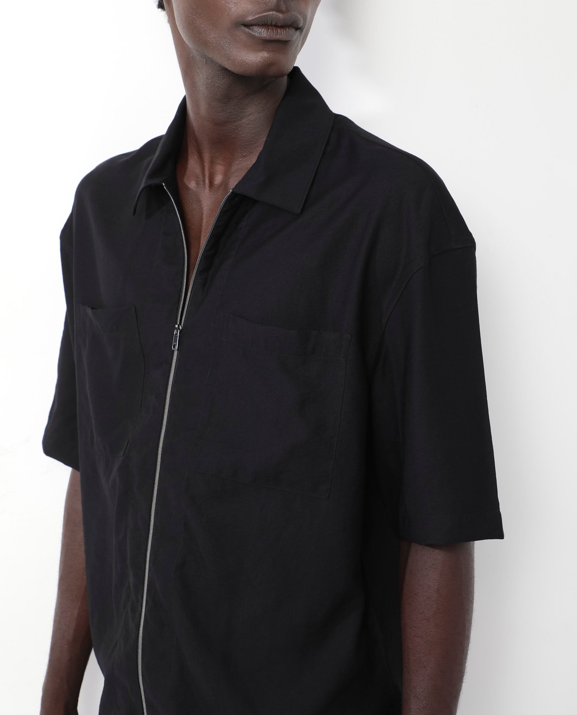 Rare Rabbit Articale Men's Kai Black Viscose Nylon Fabric Short Sleeve Zip Closure Boxy Fit Solid Shirt