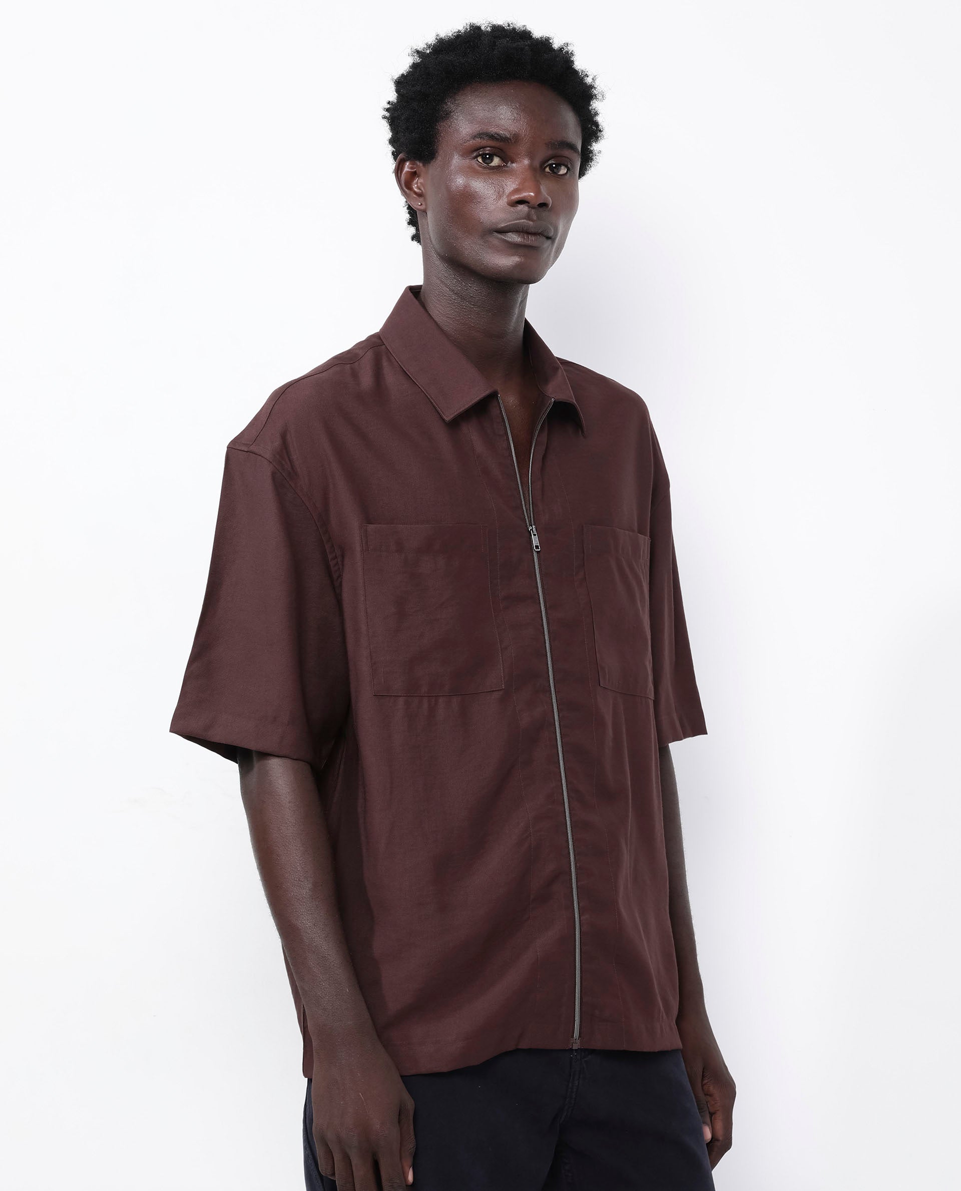 Rare Rabbit Articale Men's Kai Dark Brown Viscose Nylon Fabric Short Sleeve Zip Closure Boxy Fit Solid Shirt