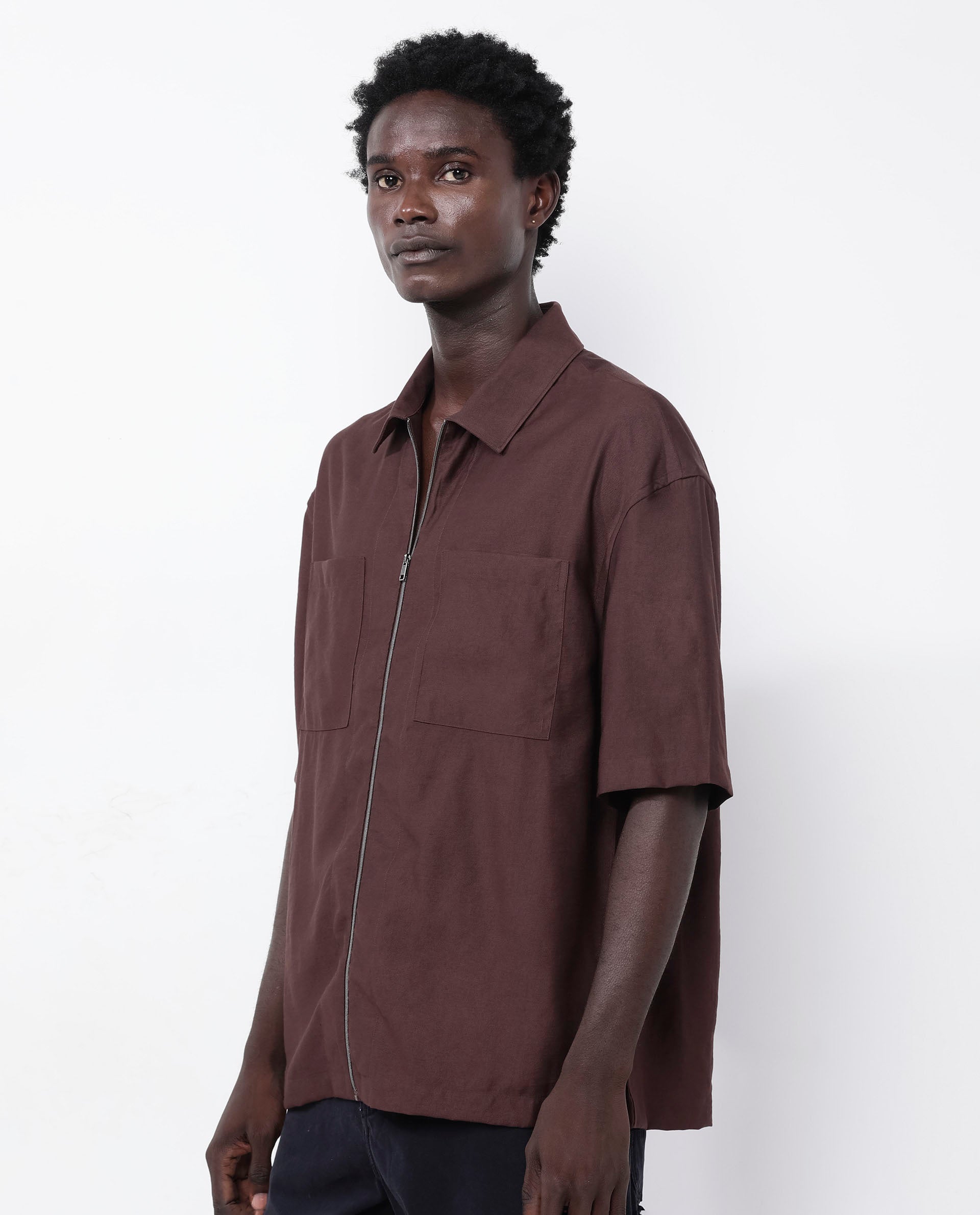 Rare Rabbit Articale Men's Kai Dark Brown Viscose Nylon Fabric Short Sleeve Zip Closure Boxy Fit Solid Shirt