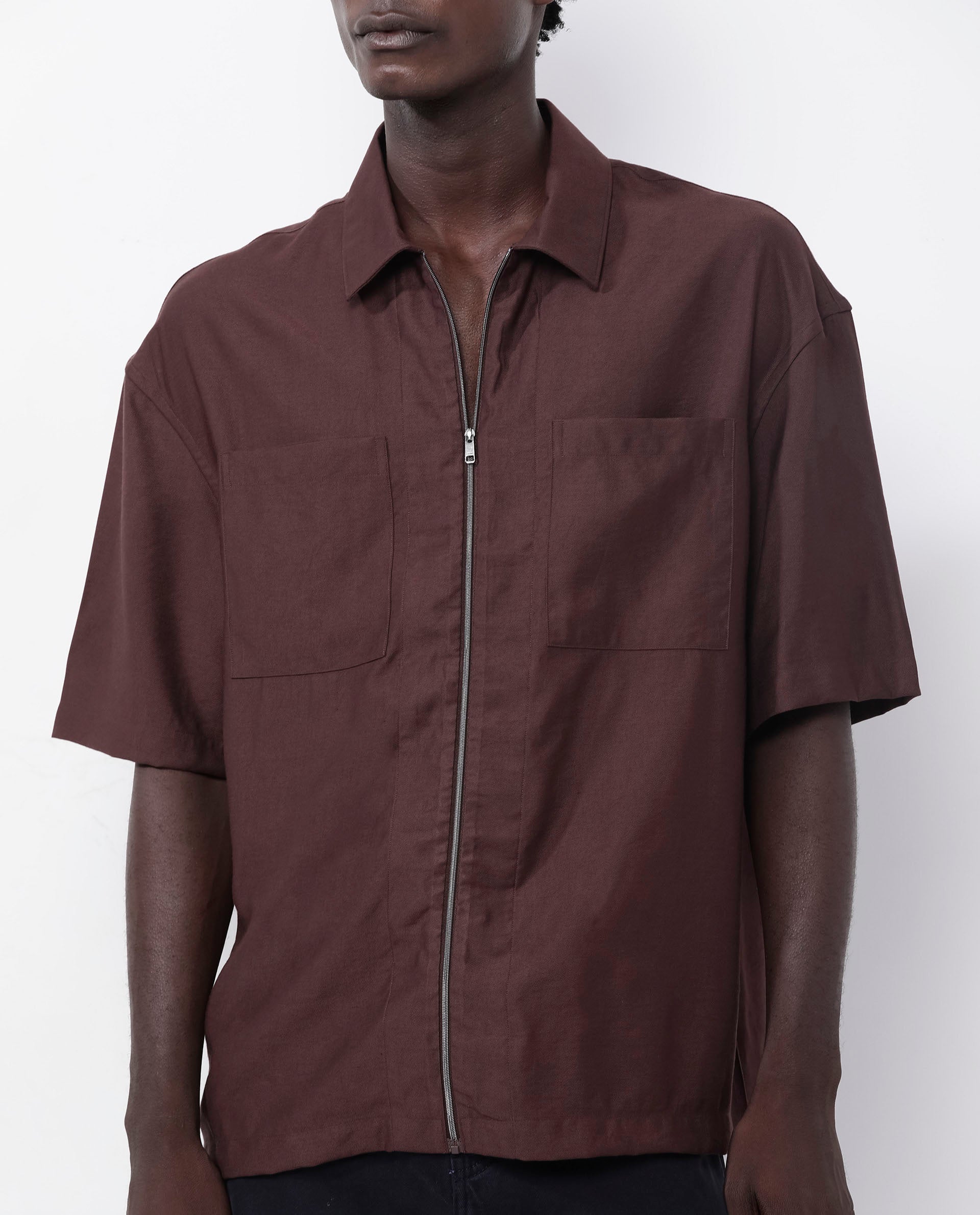 Rare Rabbit Articale Men's Kai Dark Brown Viscose Nylon Fabric Short Sleeve Zip Closure Boxy Fit Solid Shirt