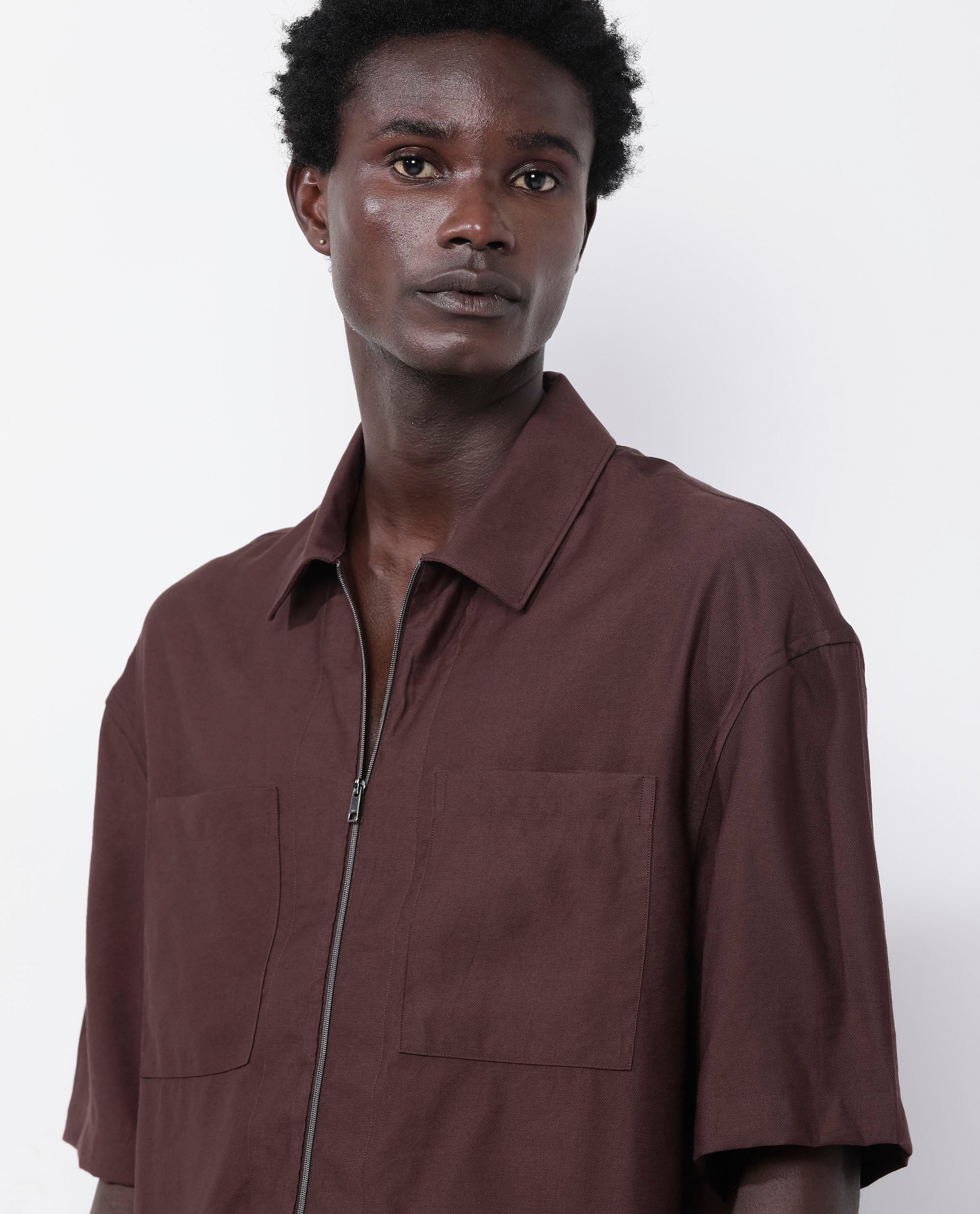 Rare Rabbit Articale Men's Kai Dark Brown Viscose Nylon Fabric Short Sleeve Zip Closure Boxy Fit Solid Shirt