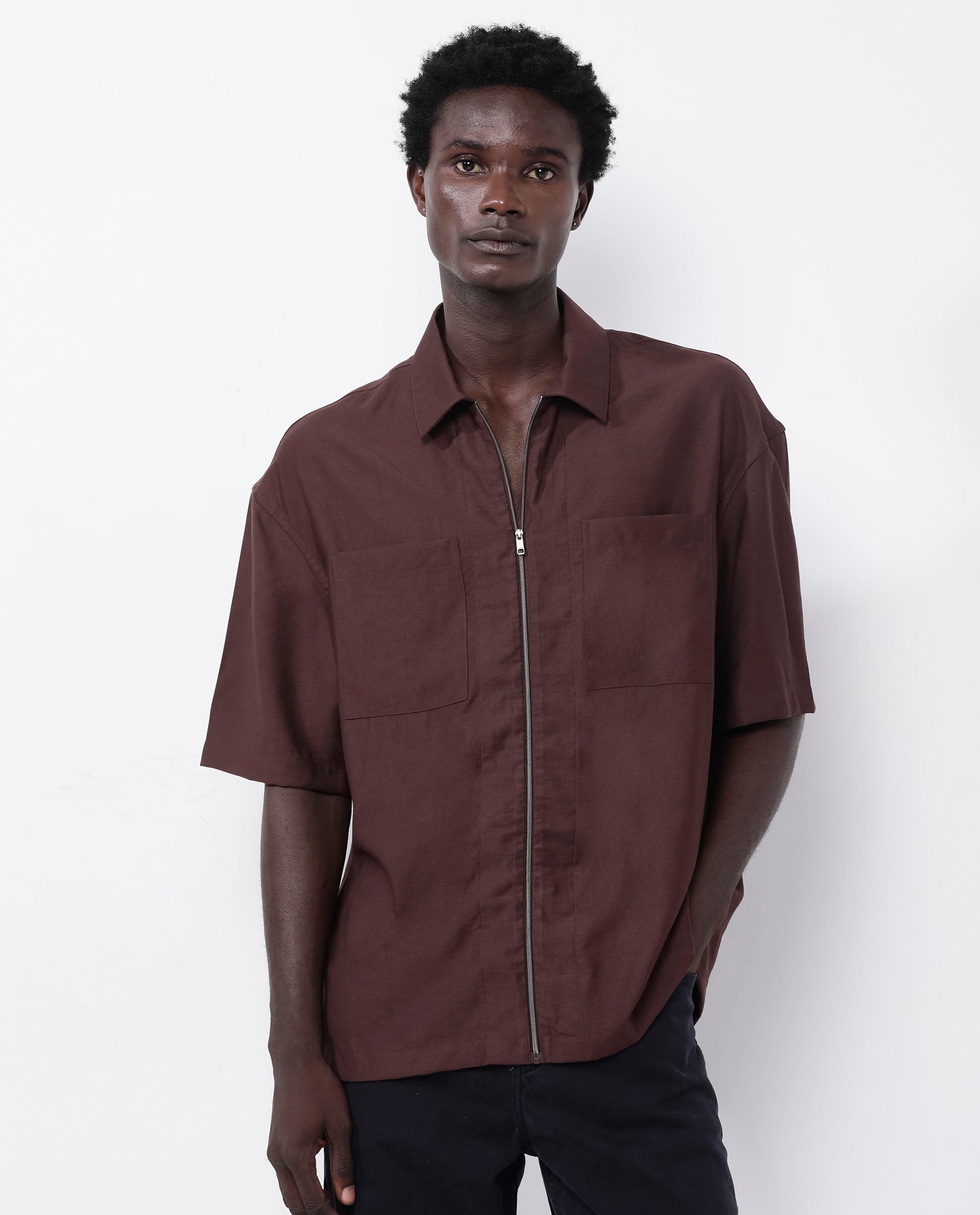 Rare Rabbit Articale Men's Kai Dark Brown Viscose Nylon Fabric Short Sleeve Zip Closure Boxy Fit Solid Shirt