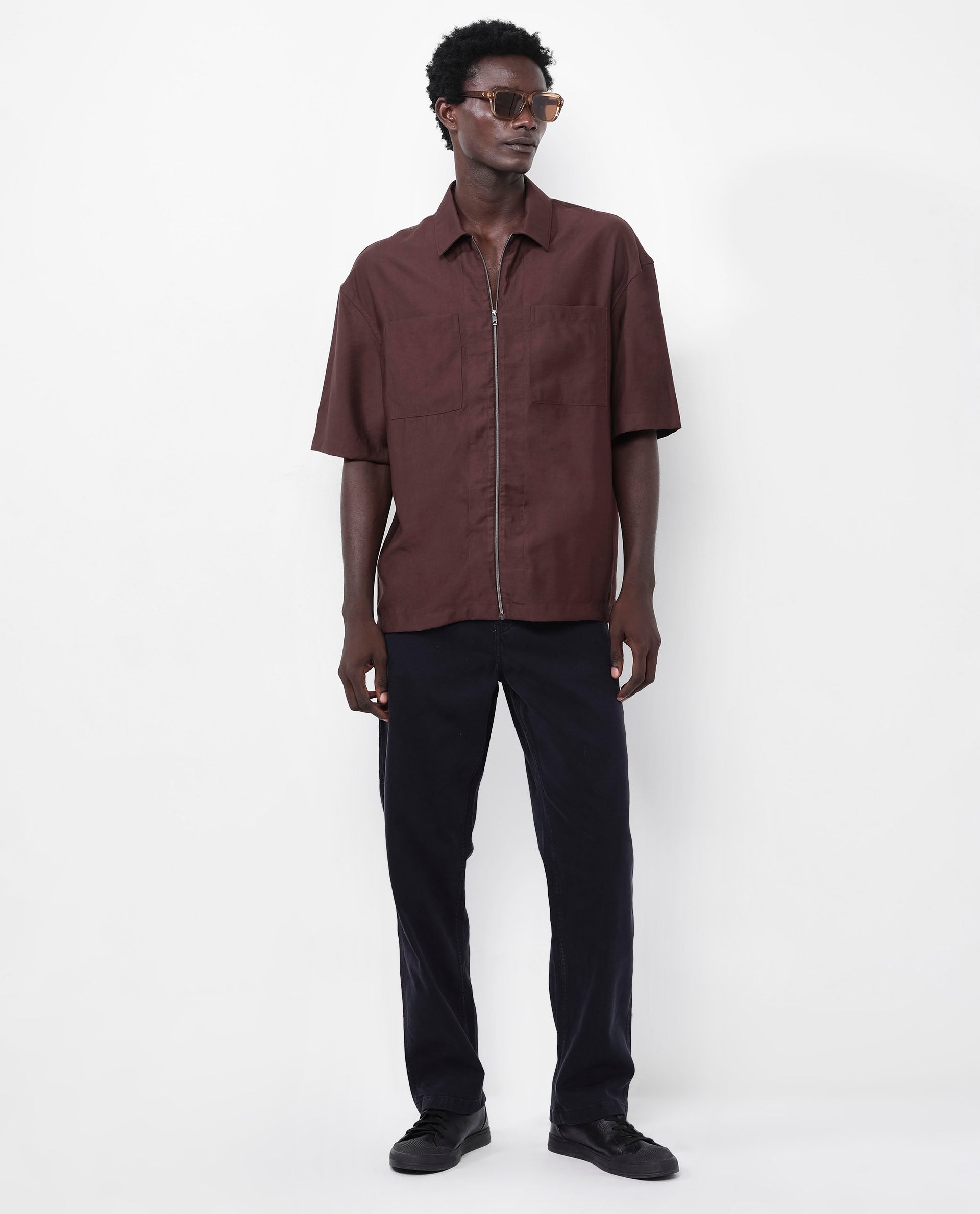 Rare Rabbit Articale Men's Kai Dark Brown Viscose Nylon Fabric Short Sleeve Zip Closure Boxy Fit Solid Shirt