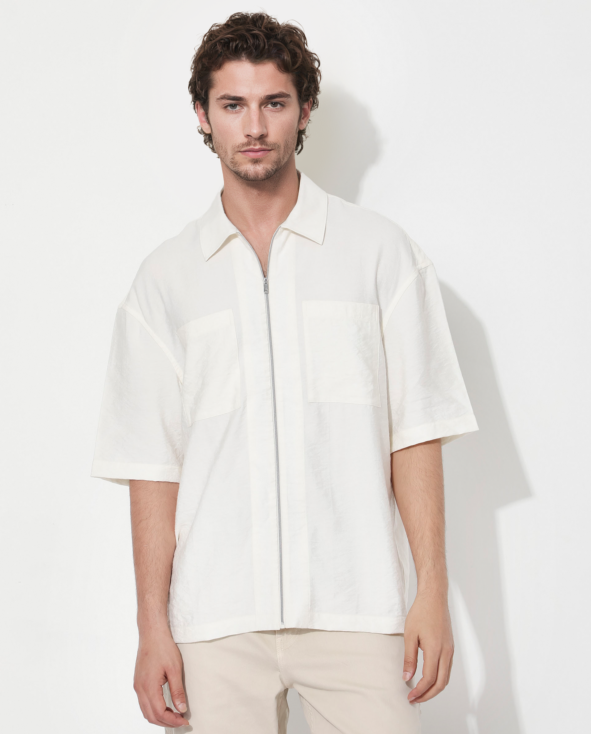 Rare Rabbit Articale Men's Kai Light Beige Viscose Nylon Fabric Short Sleeve Zip Closure Boxy Fit Solid Shirt