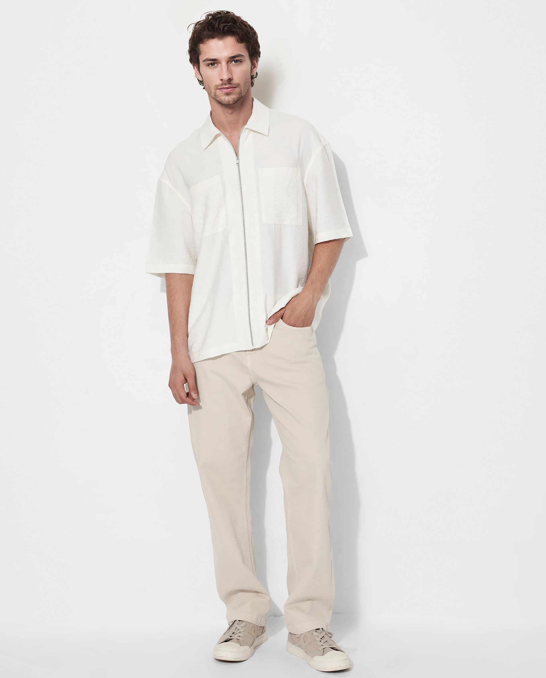 Rare Rabbit Articale Men's Kai Light Beige Viscose Nylon Fabric Short Sleeve Zip Closure Boxy Fit Solid Shirt