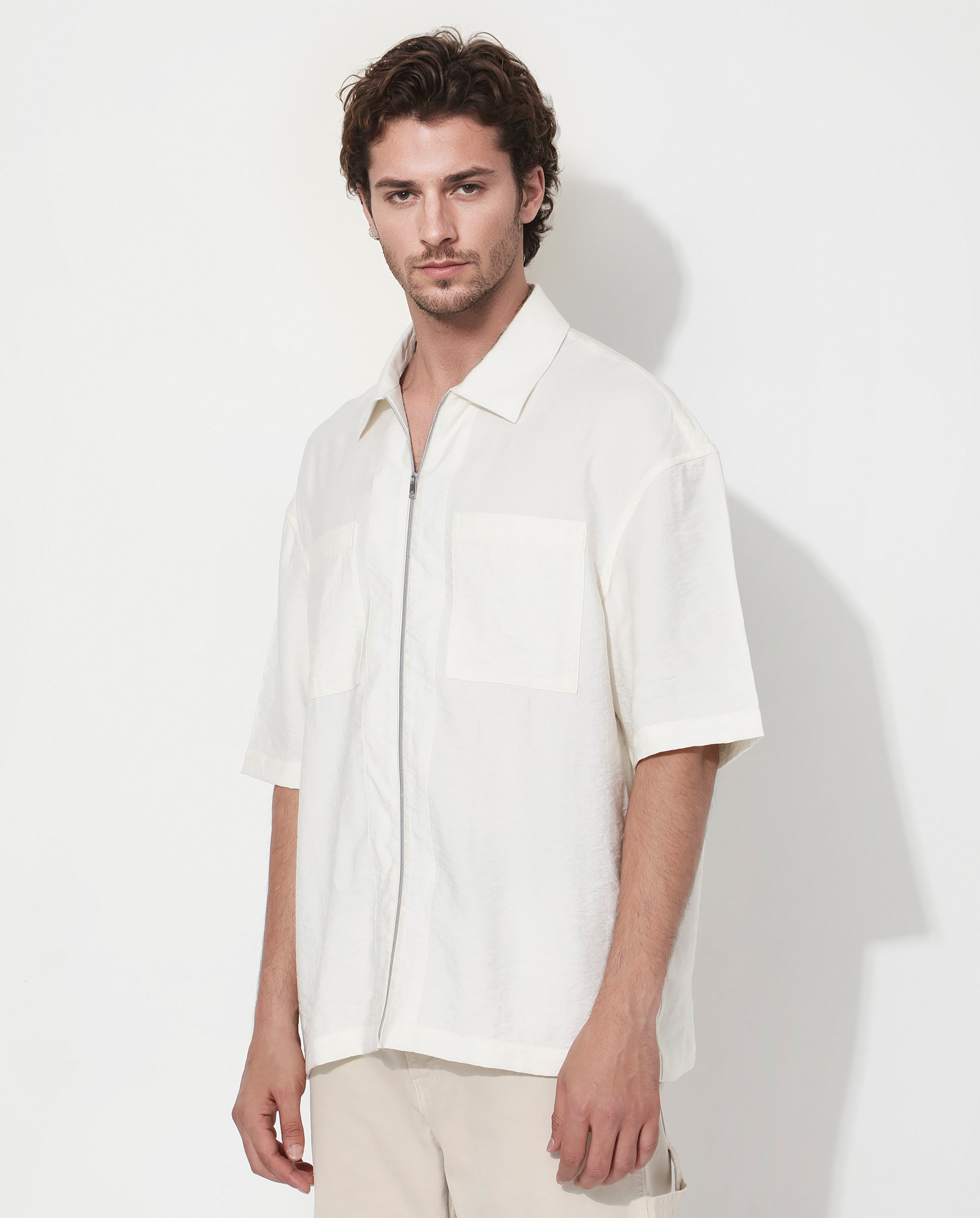 Rare Rabbit Articale Men's Kai Light Beige Viscose Nylon Fabric Short Sleeve Zip Closure Boxy Fit Solid Shirt