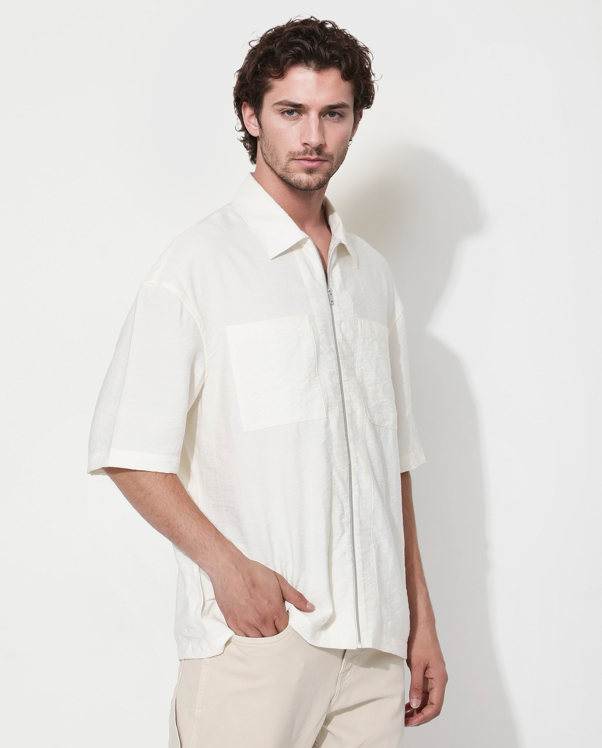 Rare Rabbit Articale Men's Kai Light Beige Viscose Nylon Fabric Short Sleeve Zip Closure Boxy Fit Solid Shirt