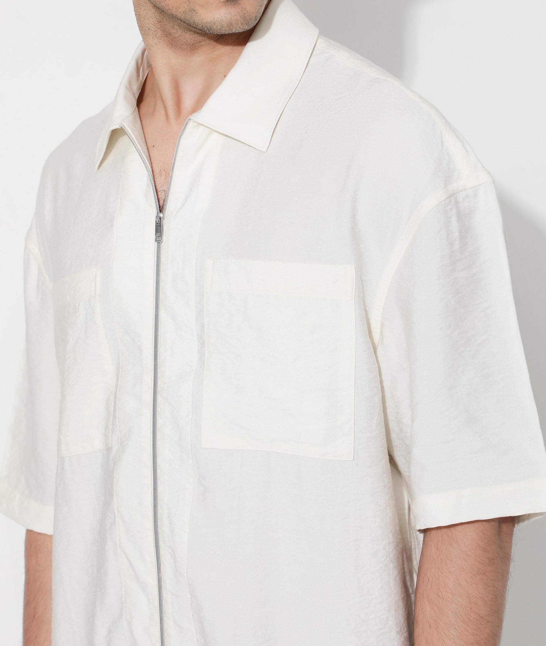 Rare Rabbit Articale Men's Kai Light Beige Viscose Nylon Fabric Short Sleeve Zip Closure Boxy Fit Solid Shirt