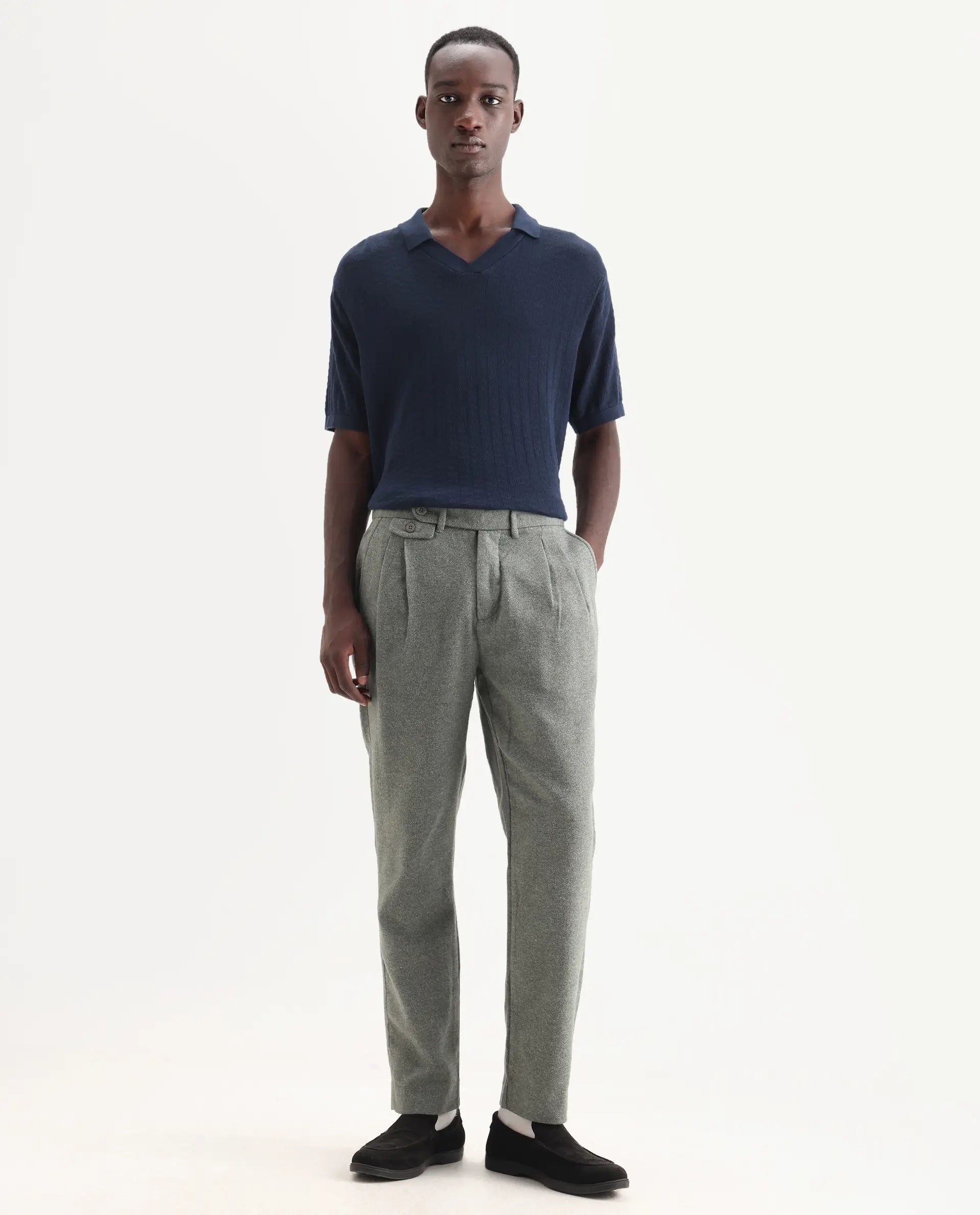 Rare Rabbit Men's Kaino Dark Green Felt Plain Regular Fit Trouser