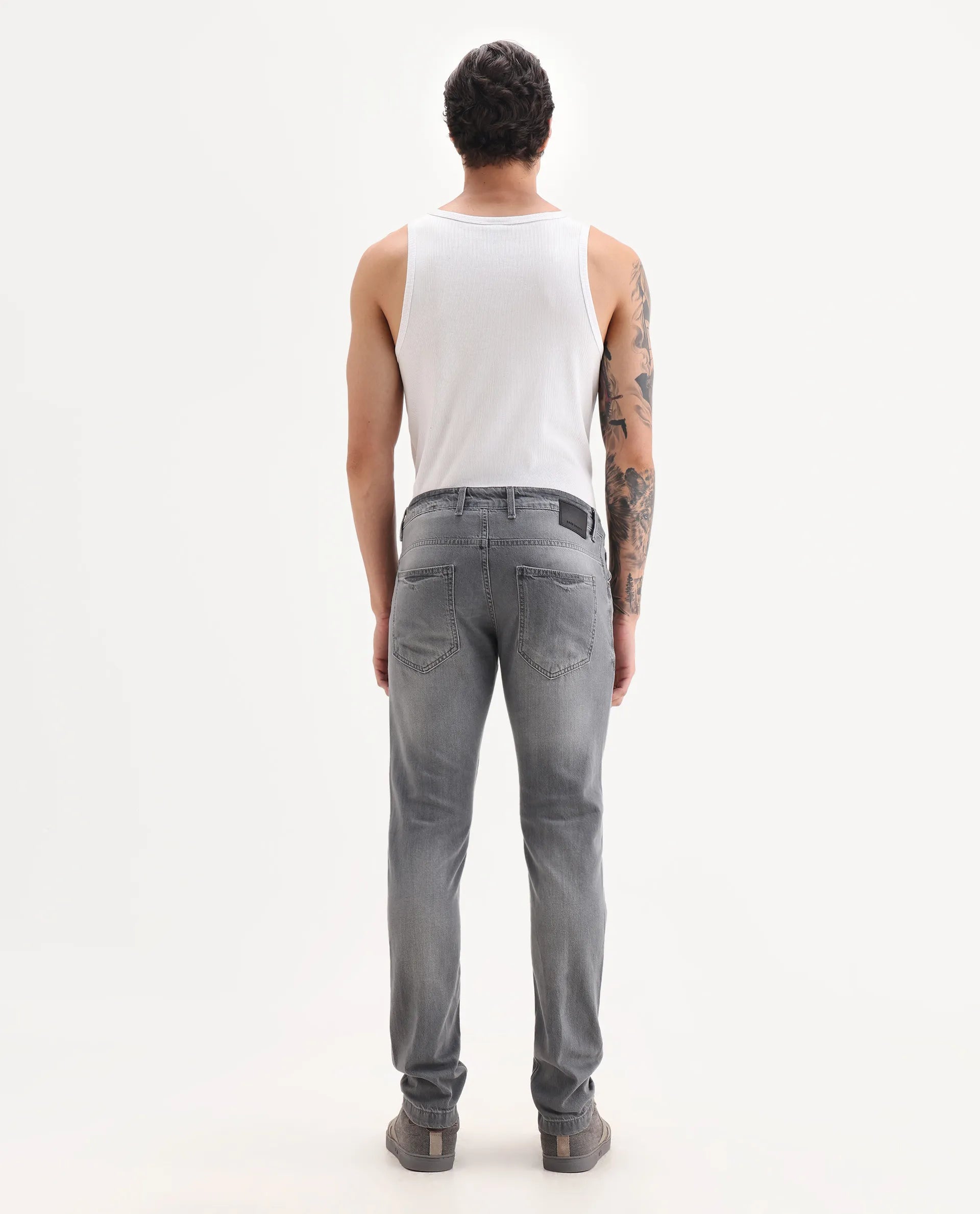 Rare Rabbit Men's Kairo-2 Grey Cotton Fabric Kurt Carrot Plain Jeans