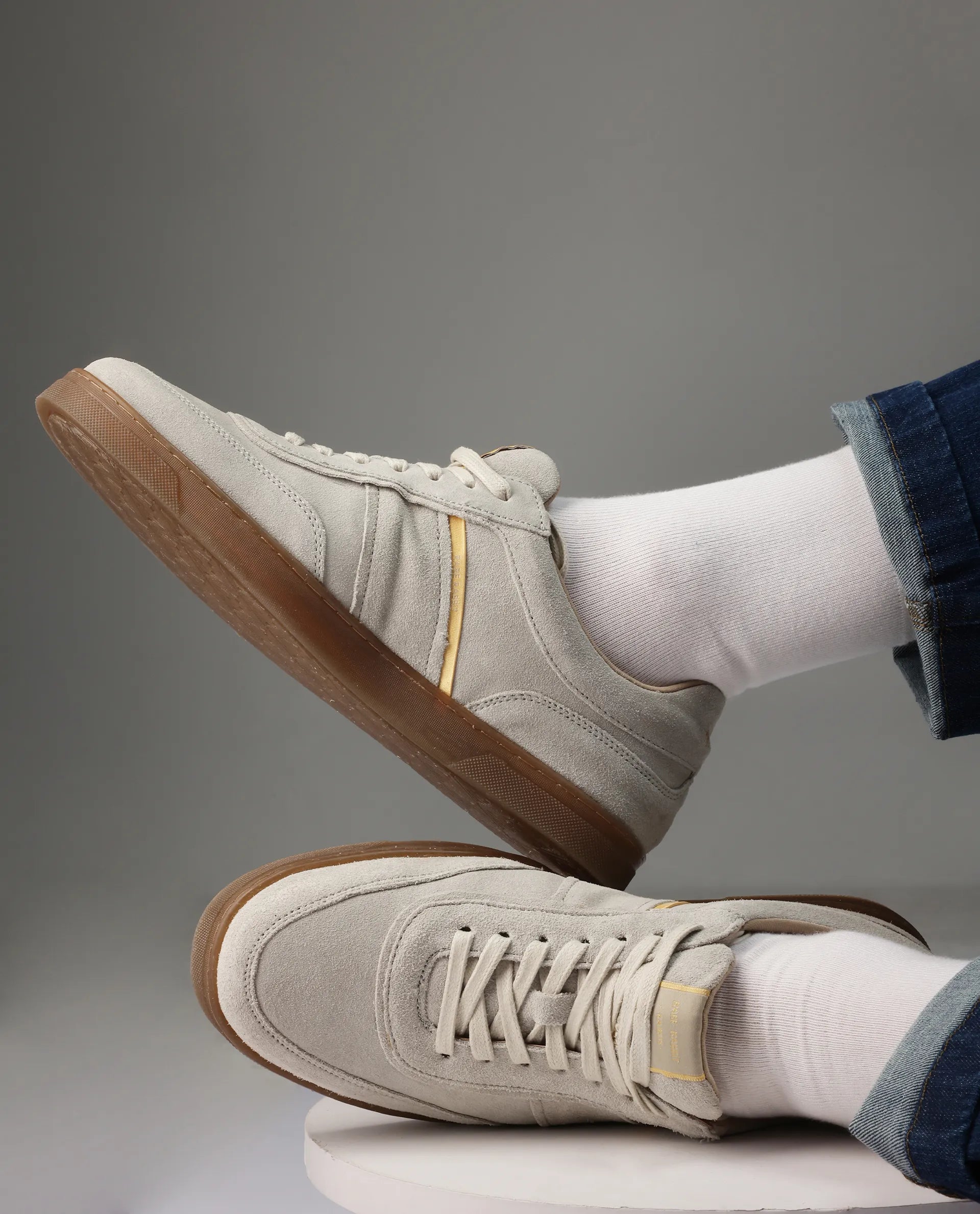 Rare Rabbit Men Kairos Light Beige Premium Suede Leather Low-Top Lace-Up Sneaker Shoes