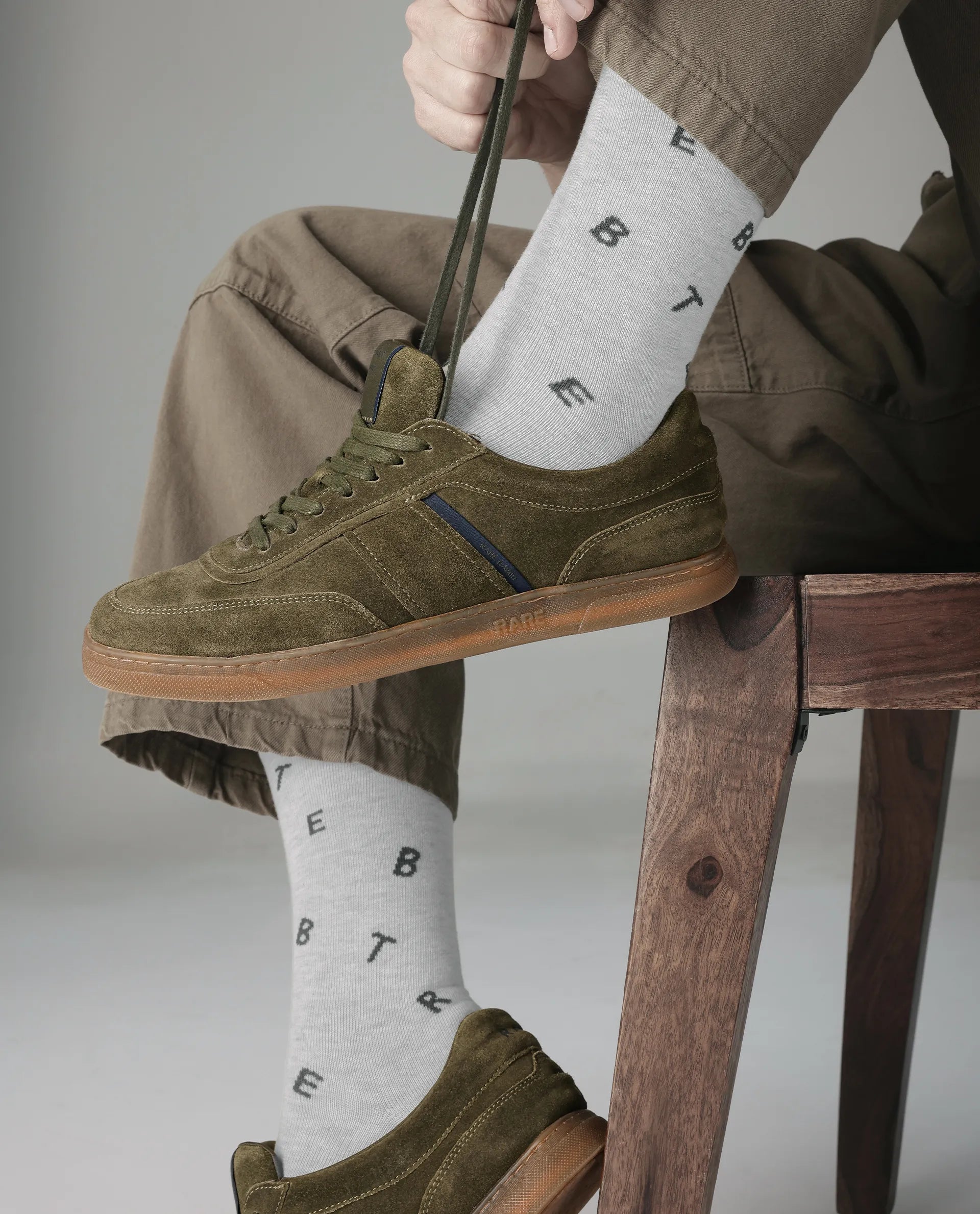 Rare Rabbit Men Kairos Olive Premium Suede Leather Low-Top Lace-Up Sneaker Shoes