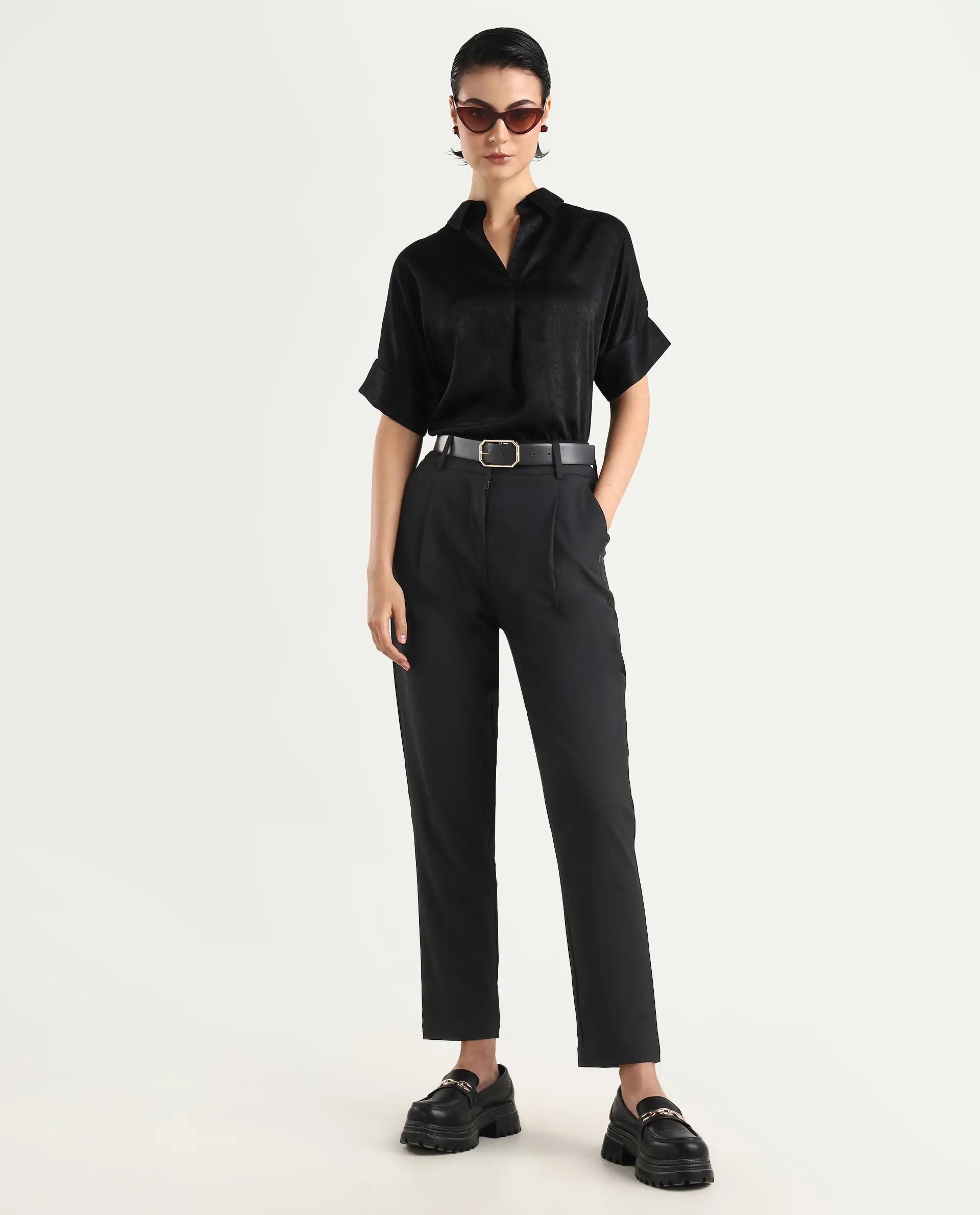 Rareism Women's Kaish Black Polyester Blend Plain Ankle Length Tapered Trouser