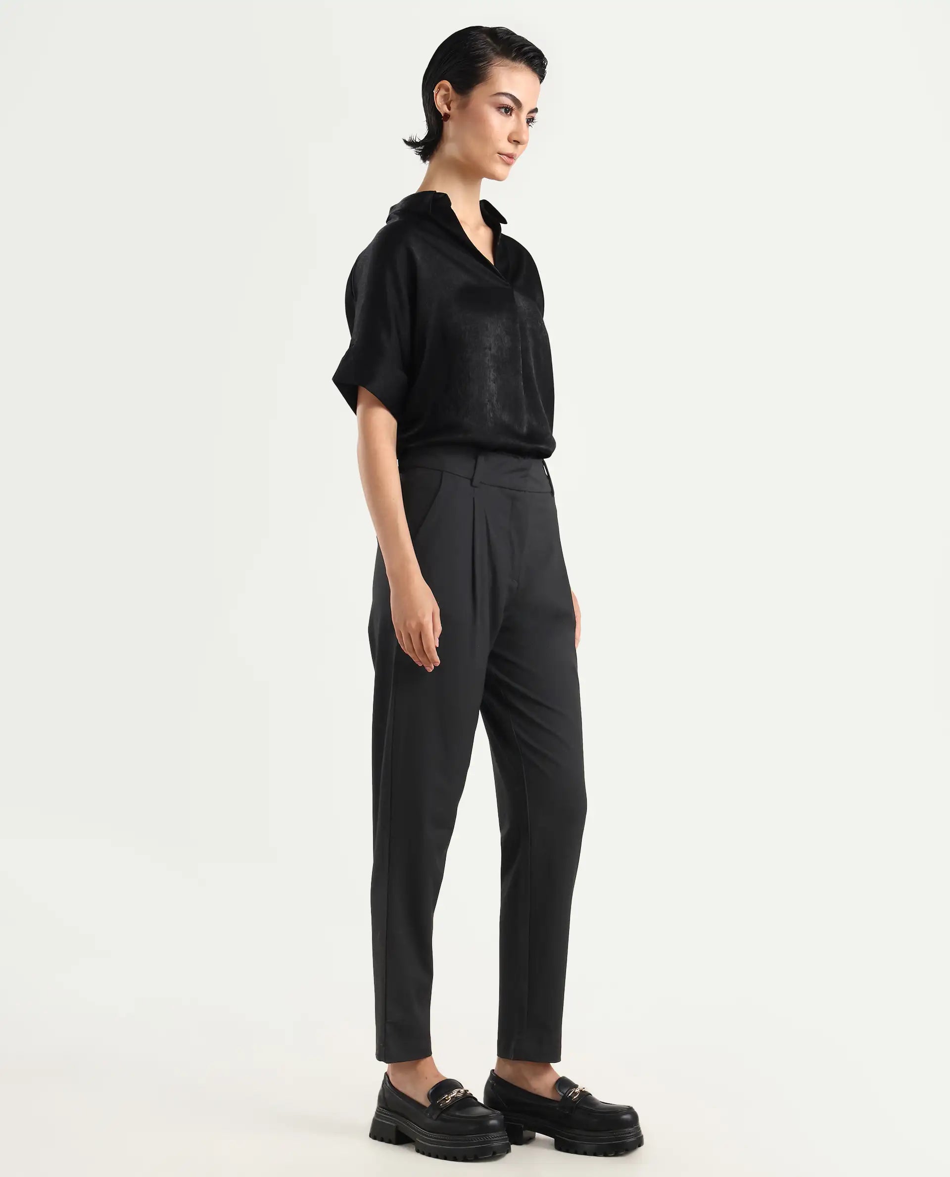 Rareism Women's Kaish Black Polyester Blend Plain Ankle Length Tapered Trouser